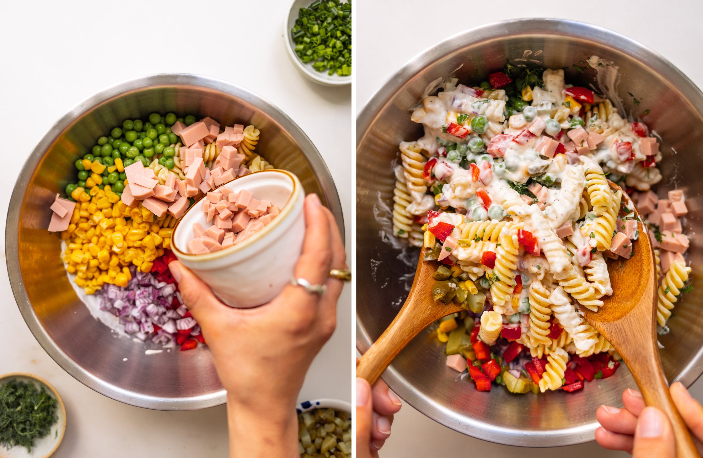 Die Zutaten werden in die große Schüssel mit dem Mayo-Dressing gegeben und miteinander vermengt.