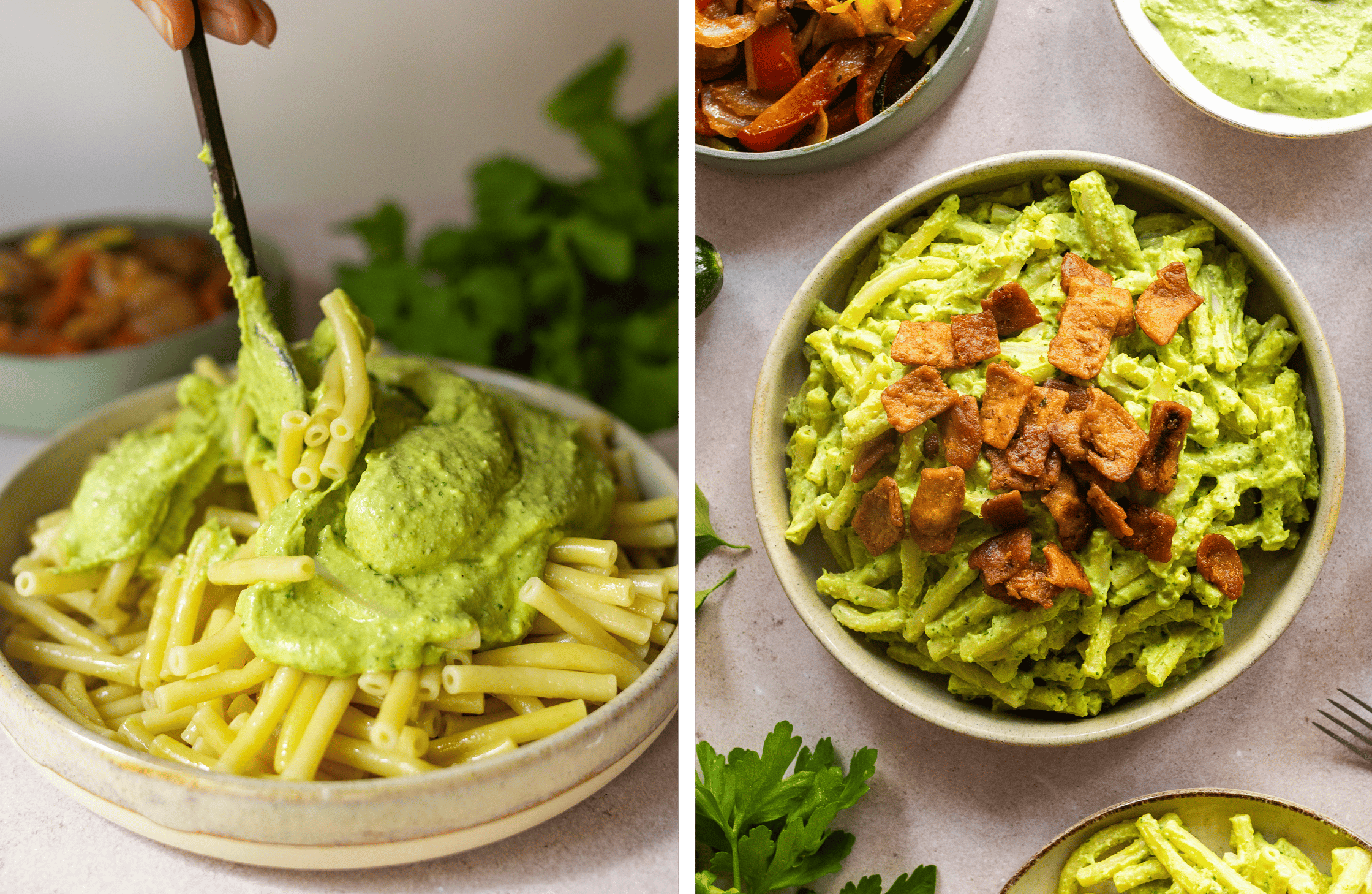 Macaroni is mixed with green, vegan Mac ’n’ Cheese sauce and topped with vegan bacon.