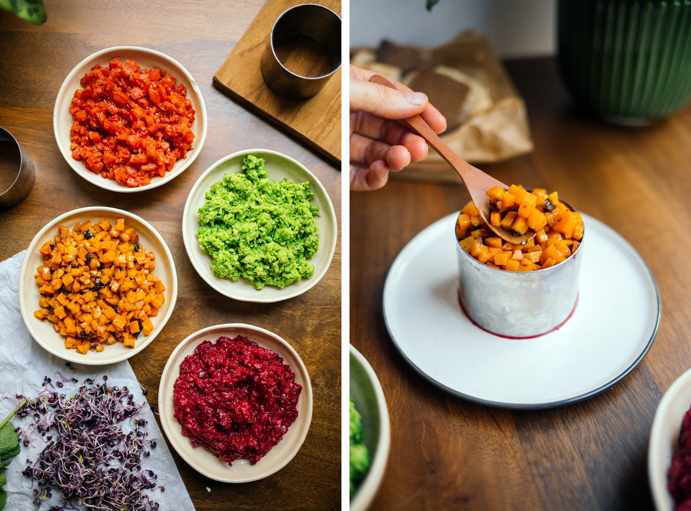 layering vegetables for vegan tartar