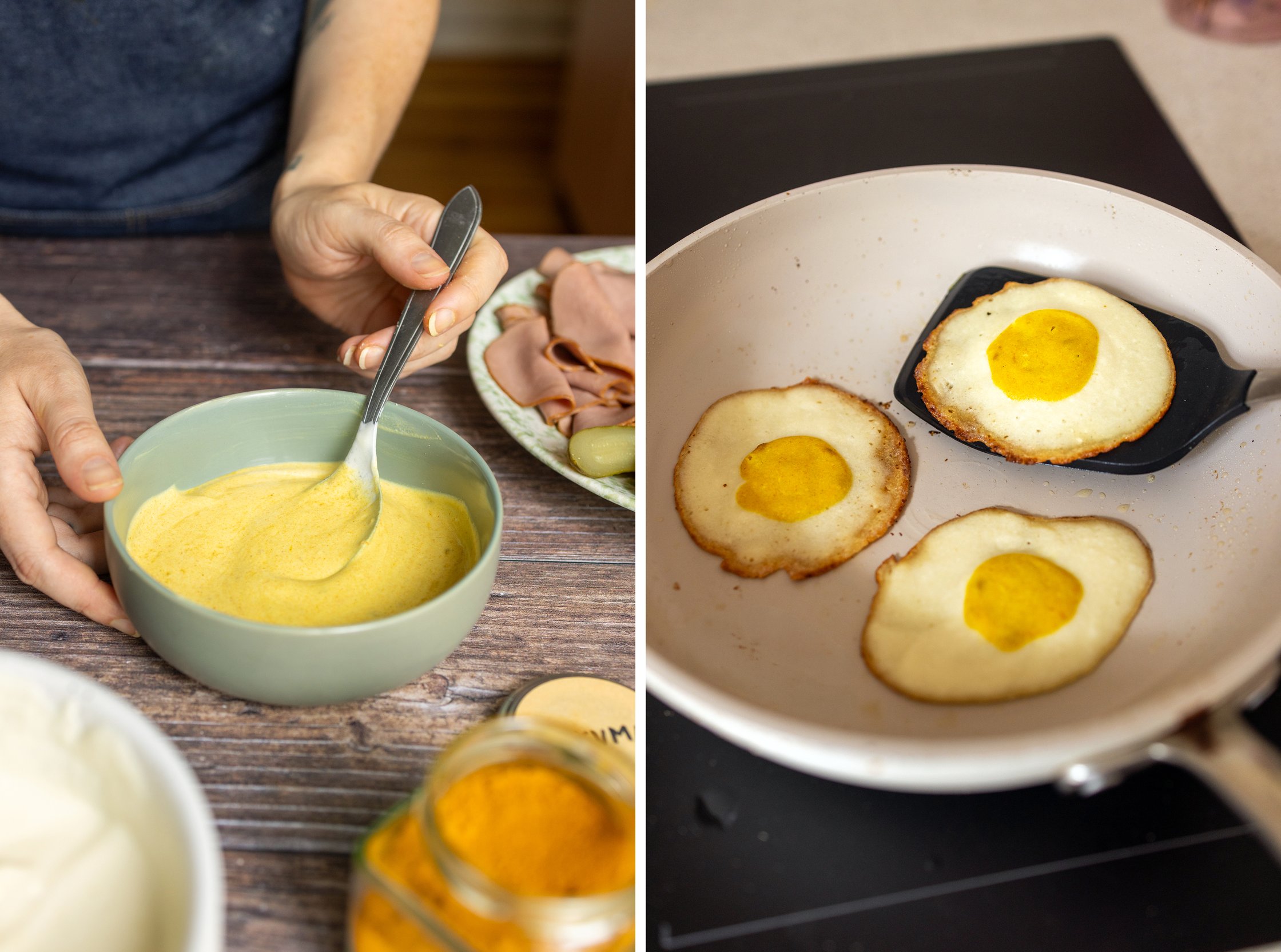 In the photo, the vegan egg is being prepared and fried.