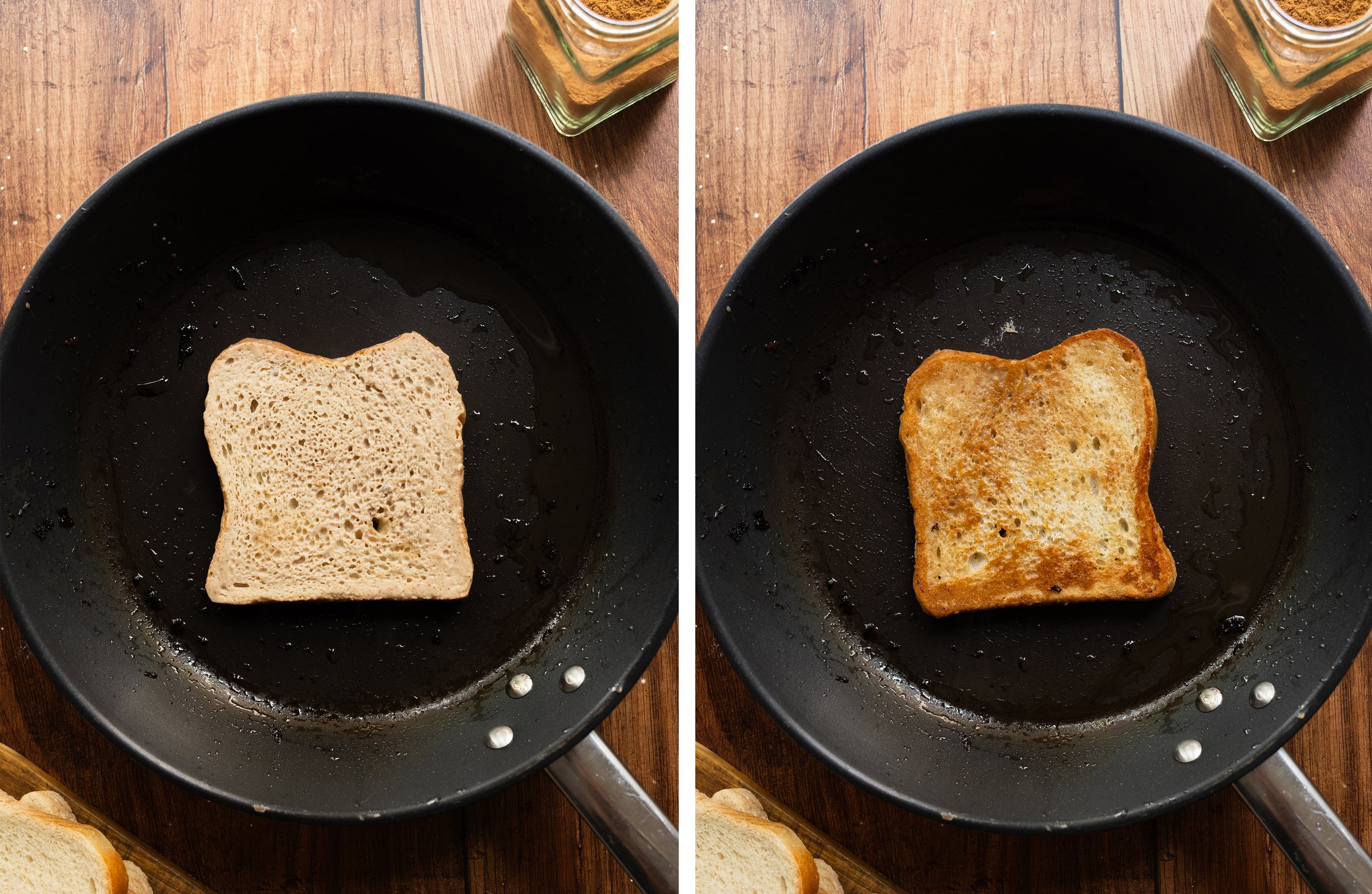 Es ist eine Pfanne von oben abgebildet, in der der Toast angebraten wird.