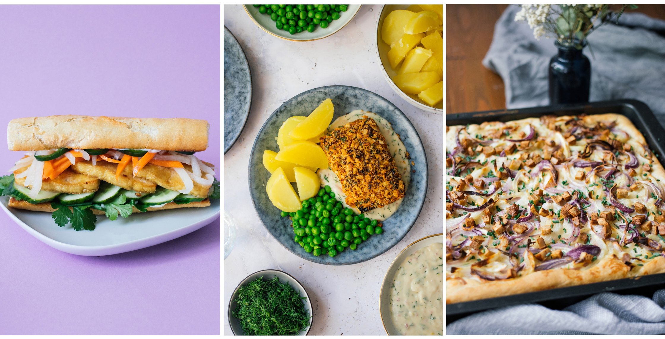 3 Rezeptfotos: veganes Bánh mì, veganes Schlemmerfilet, veganer Zwiebelkuchen