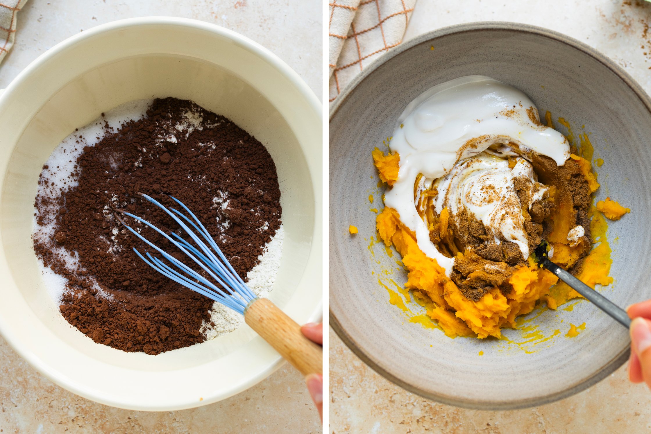 vegane Kürbis-brownies vor und nach dem Backen