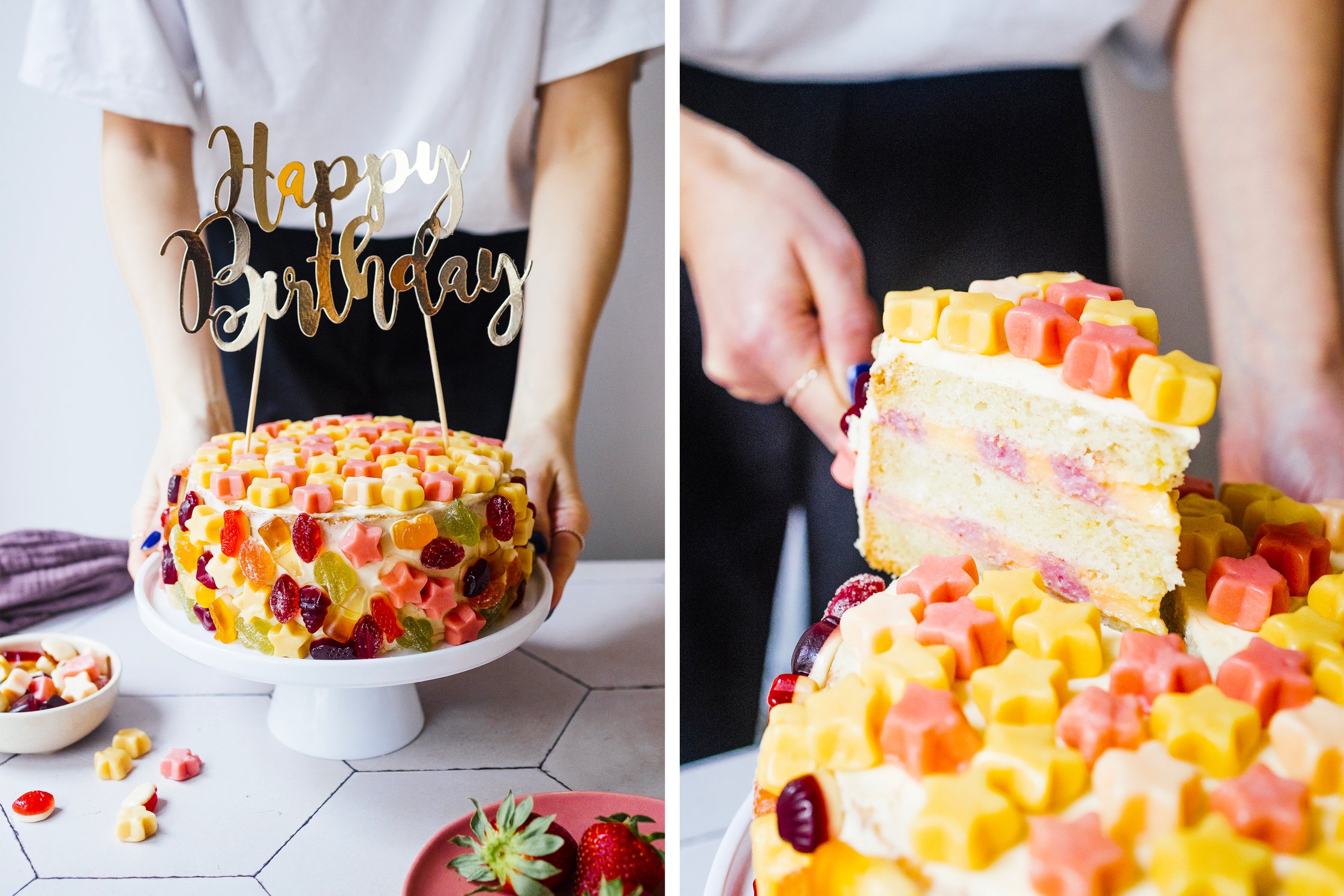 a vegan birthday cake decorated with
