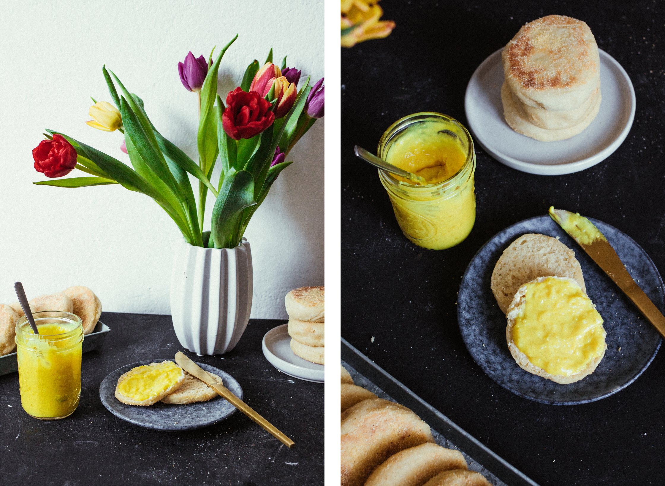 english muffins on a plate with vegan lemon curd