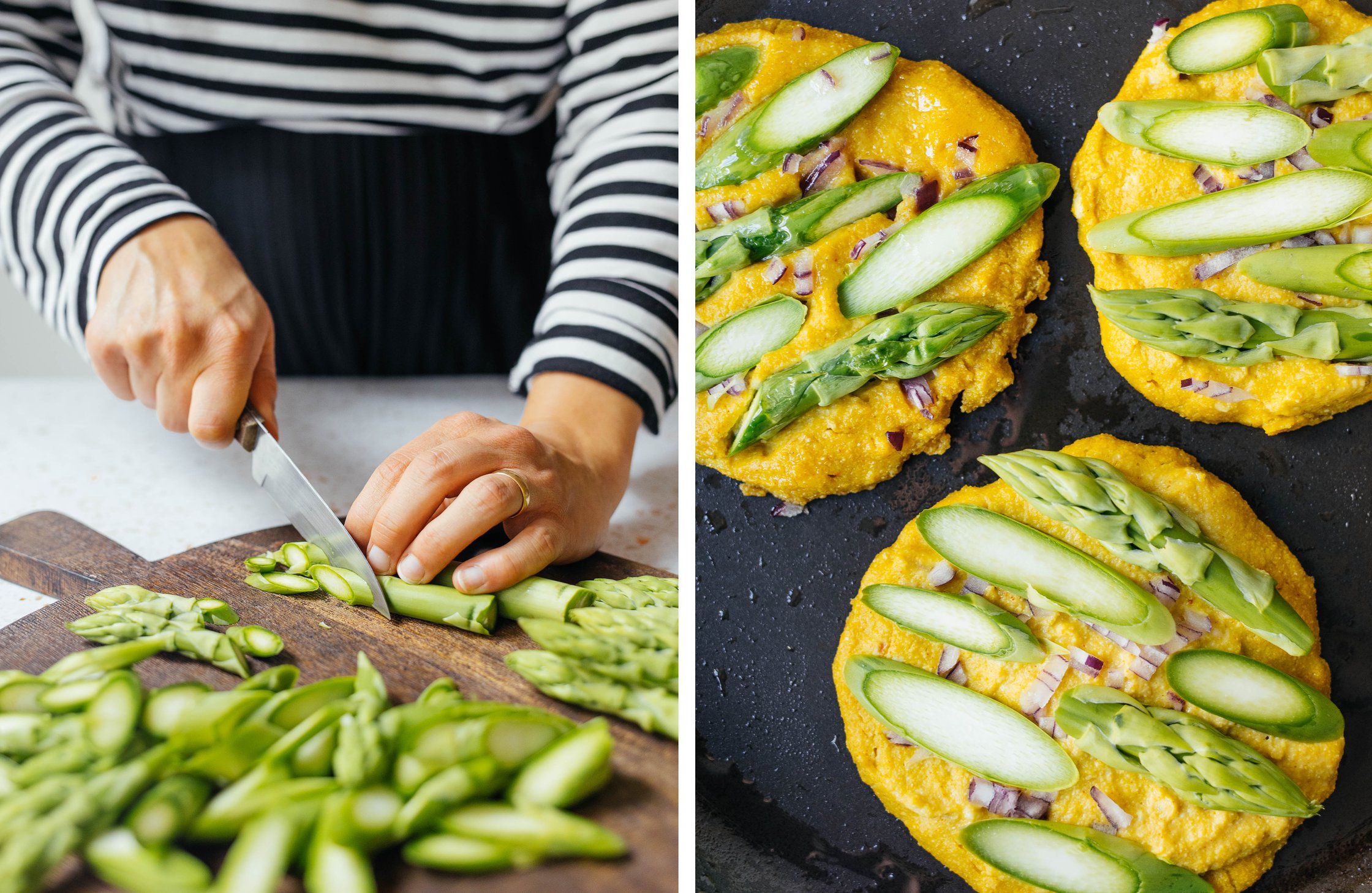 cutting green asparagus in pieces; vegan omelets with asparagus and onions in a pan