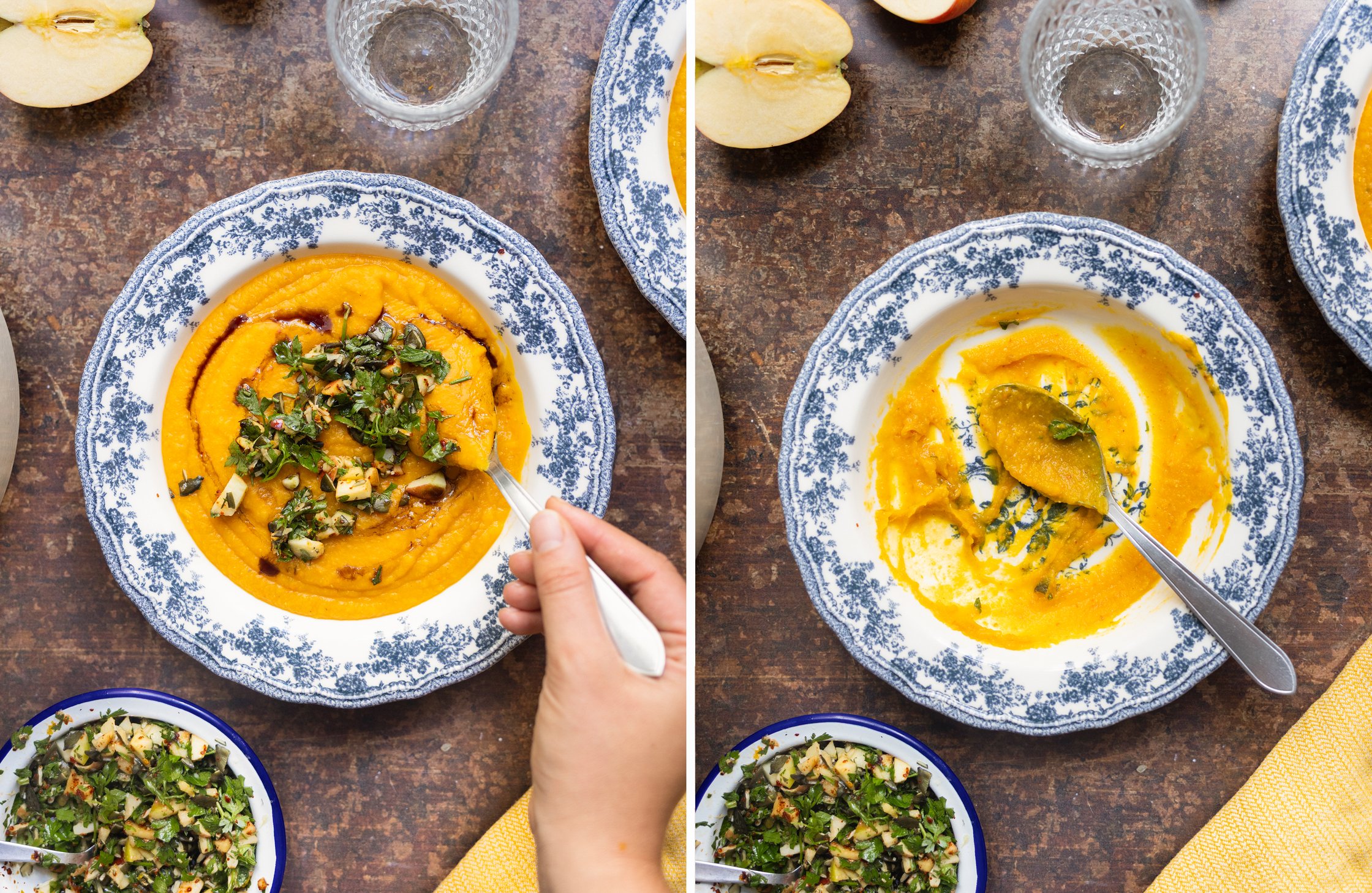Links: Eine Schüssel voller Suppe wird angefangen zu essen. Rechts: Die Schüssel ist leer.