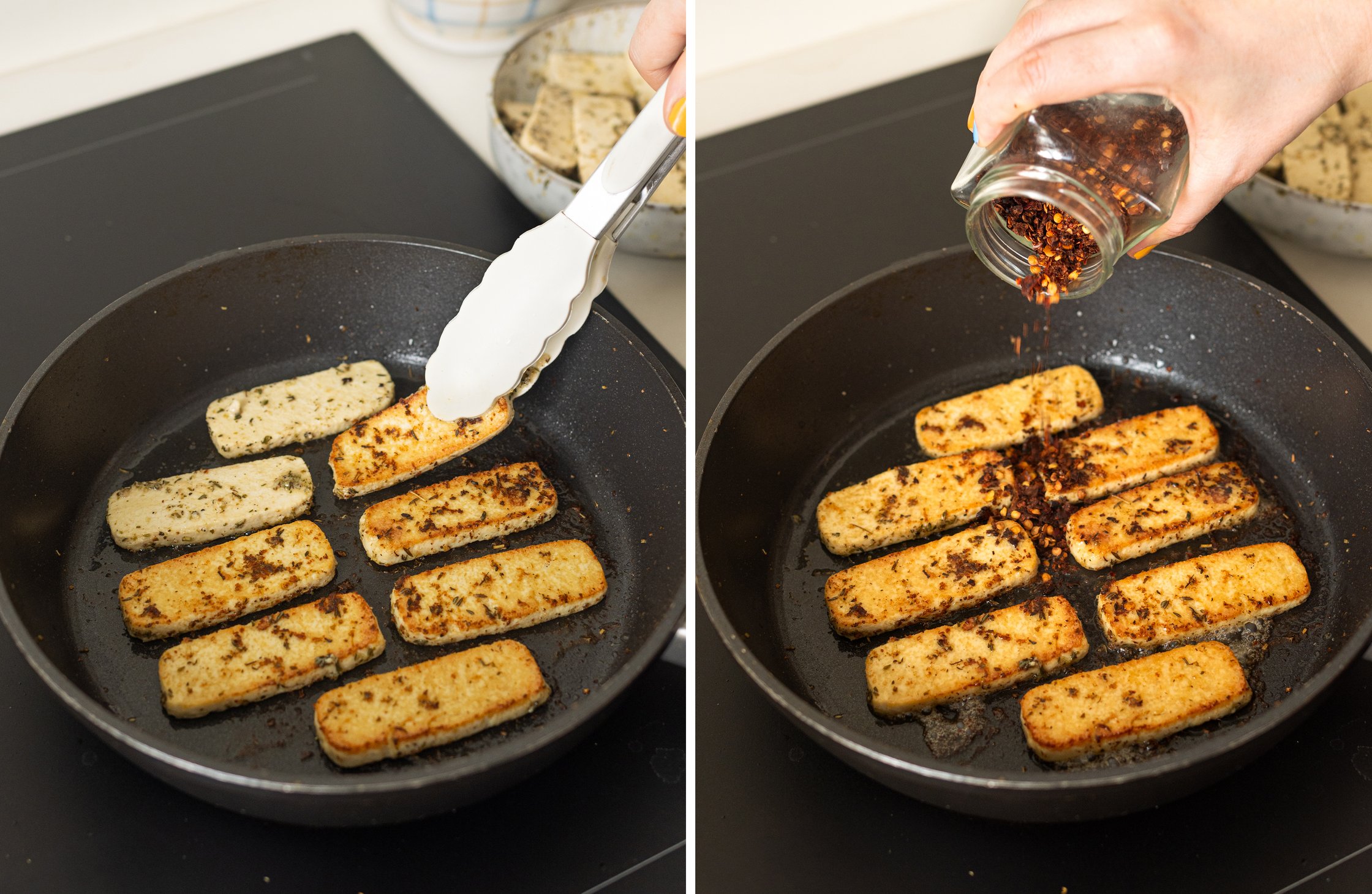 Zweigeteiltes Bild - Links: Veganer Halloumi wird in einer Pfanne angebraten. Rechts: Chili wird dazugegeben.
