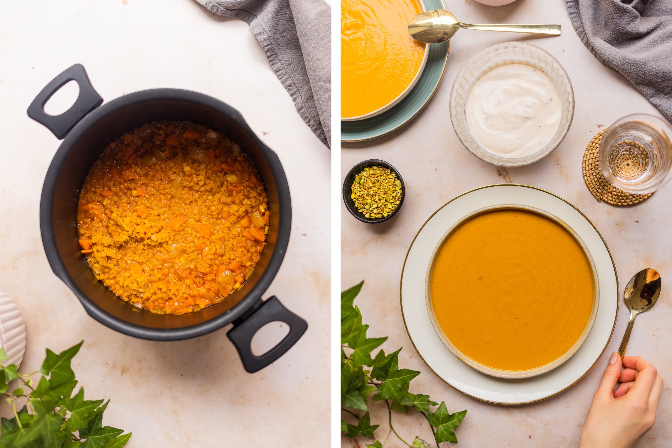 Zutaten für Linsensuppe in einem großen Topf, fertige Suppe auf Teller, Jogurt-Dip in einer Schüssel, Pistazien in einer Schü