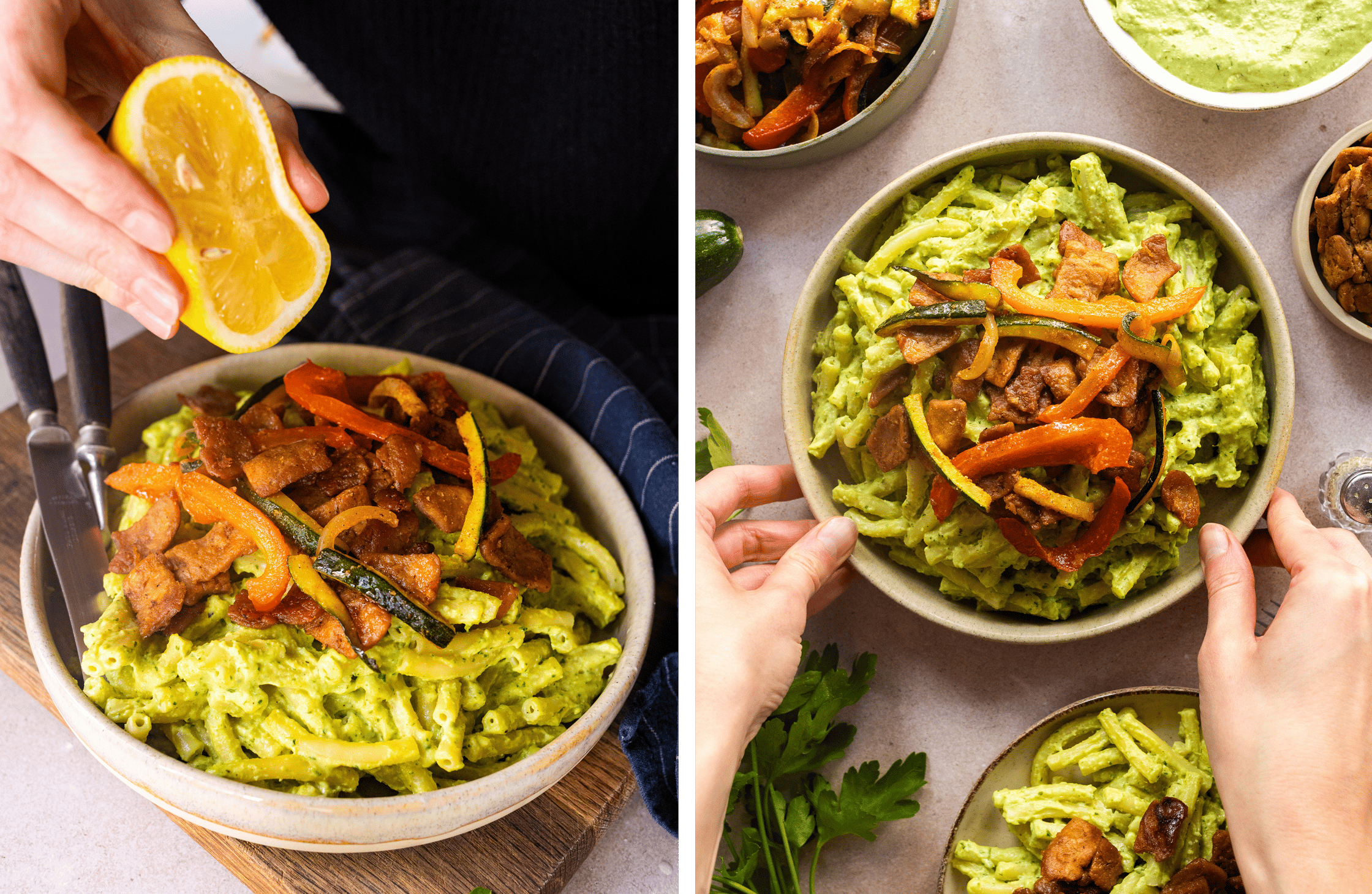 Lemon juice is drizzled over the finished green vegan mac ’n’ cheese.