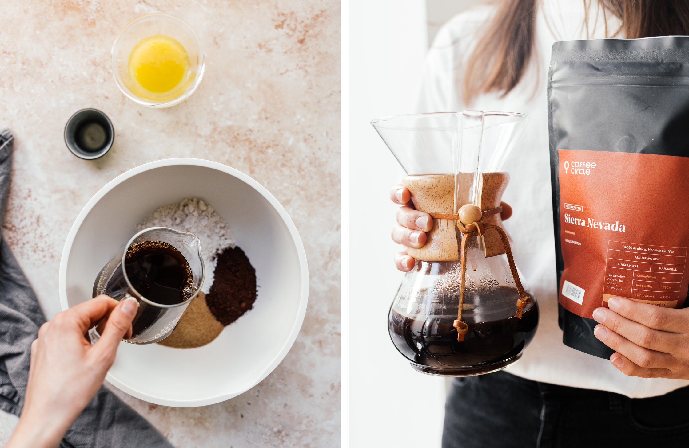 Teig für vegane Kaffee-Muffins anrühren; Kaffee gekocht und die Verpackung dazu