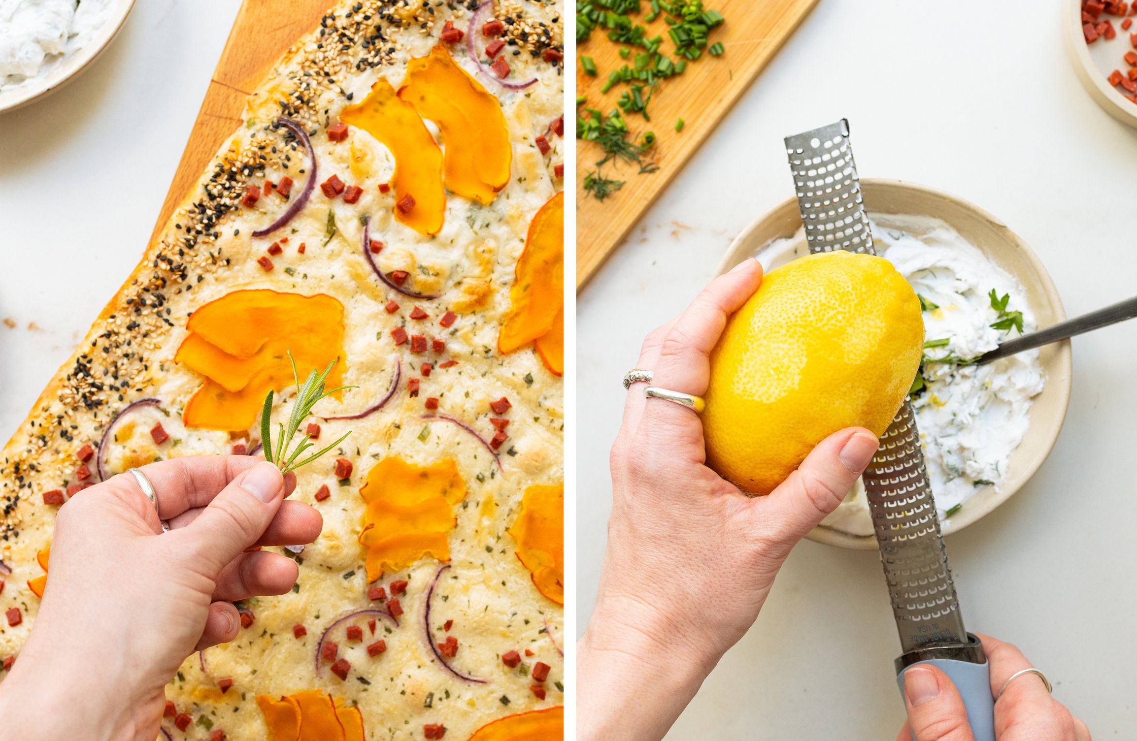 Pumpkin tarte flambée topped with rosemary sprigs; lemon zest being grated into vegan cream cheese dip.