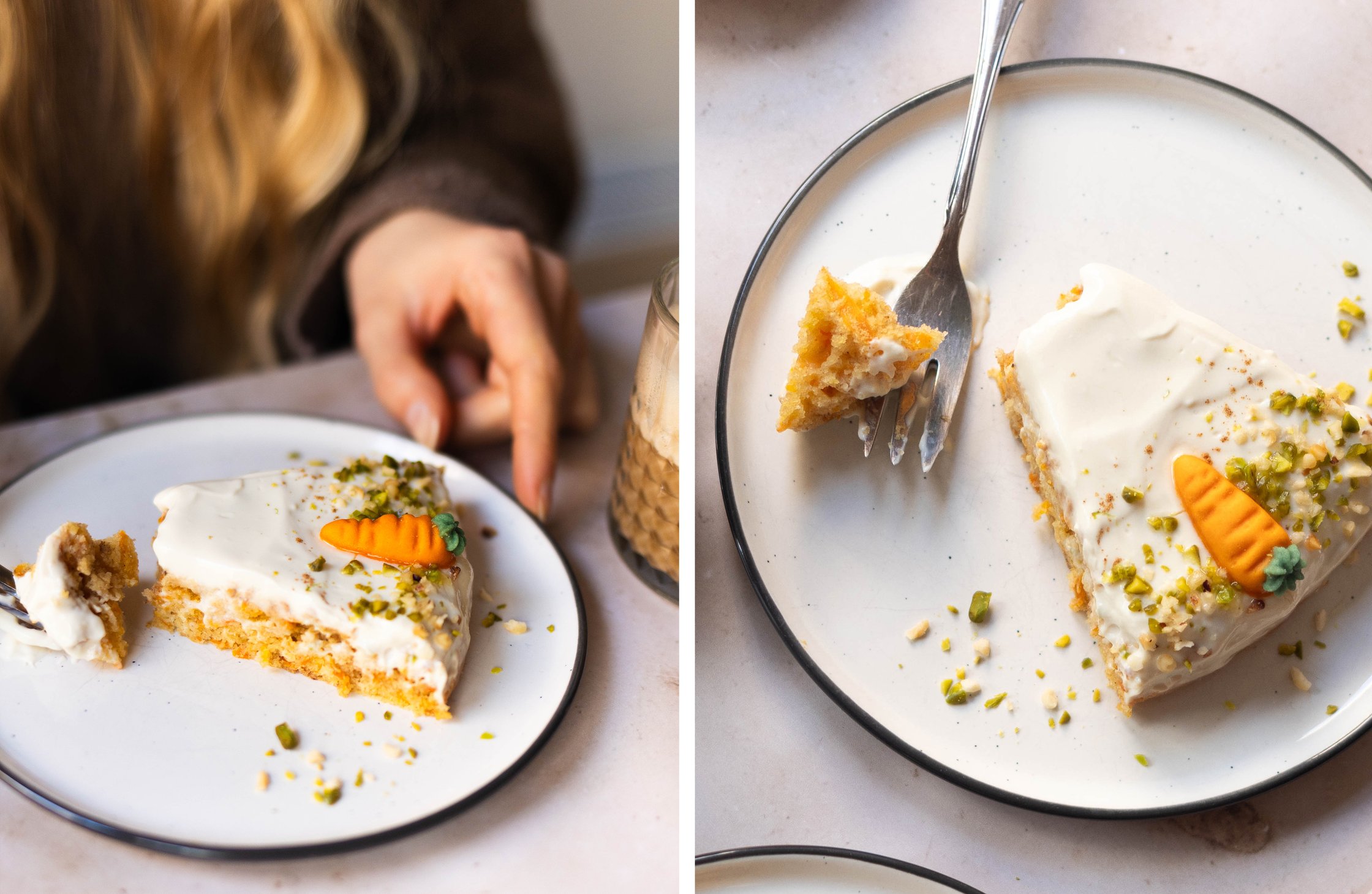 Kuchenstück wird mit einer Gabel gegessen; Kuchenstück auf einem Teller