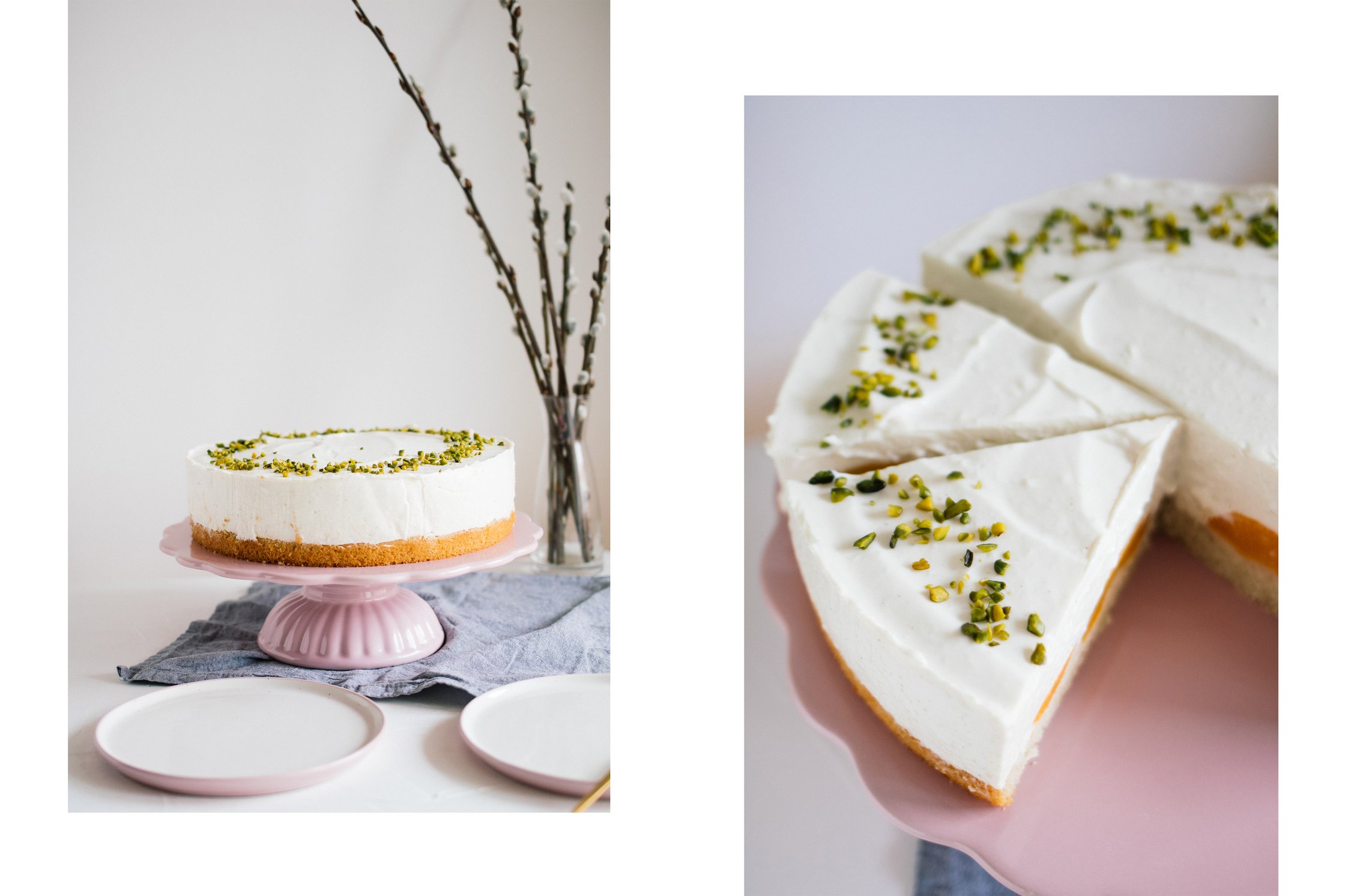 vegane Pfirsichtorte auf einer rosanen Tortenplatte
