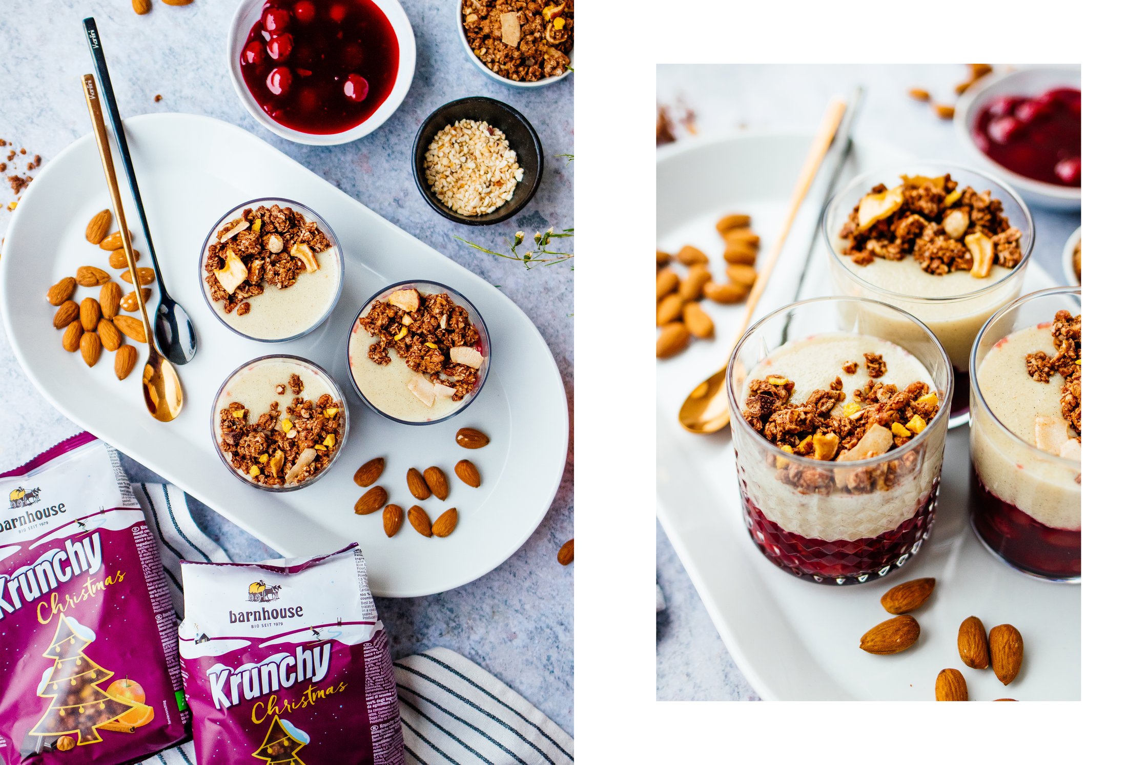 veganer Grießpudding mit Kirschen und Knuspermüsli