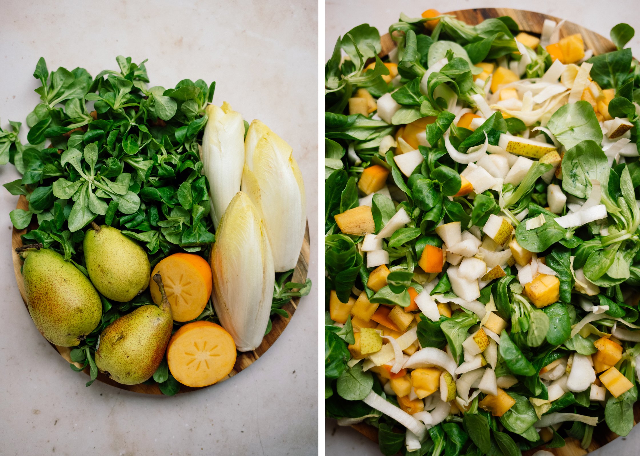 Chicory, Lamb's Lettuce, pear, and Persimmon before and after cutting