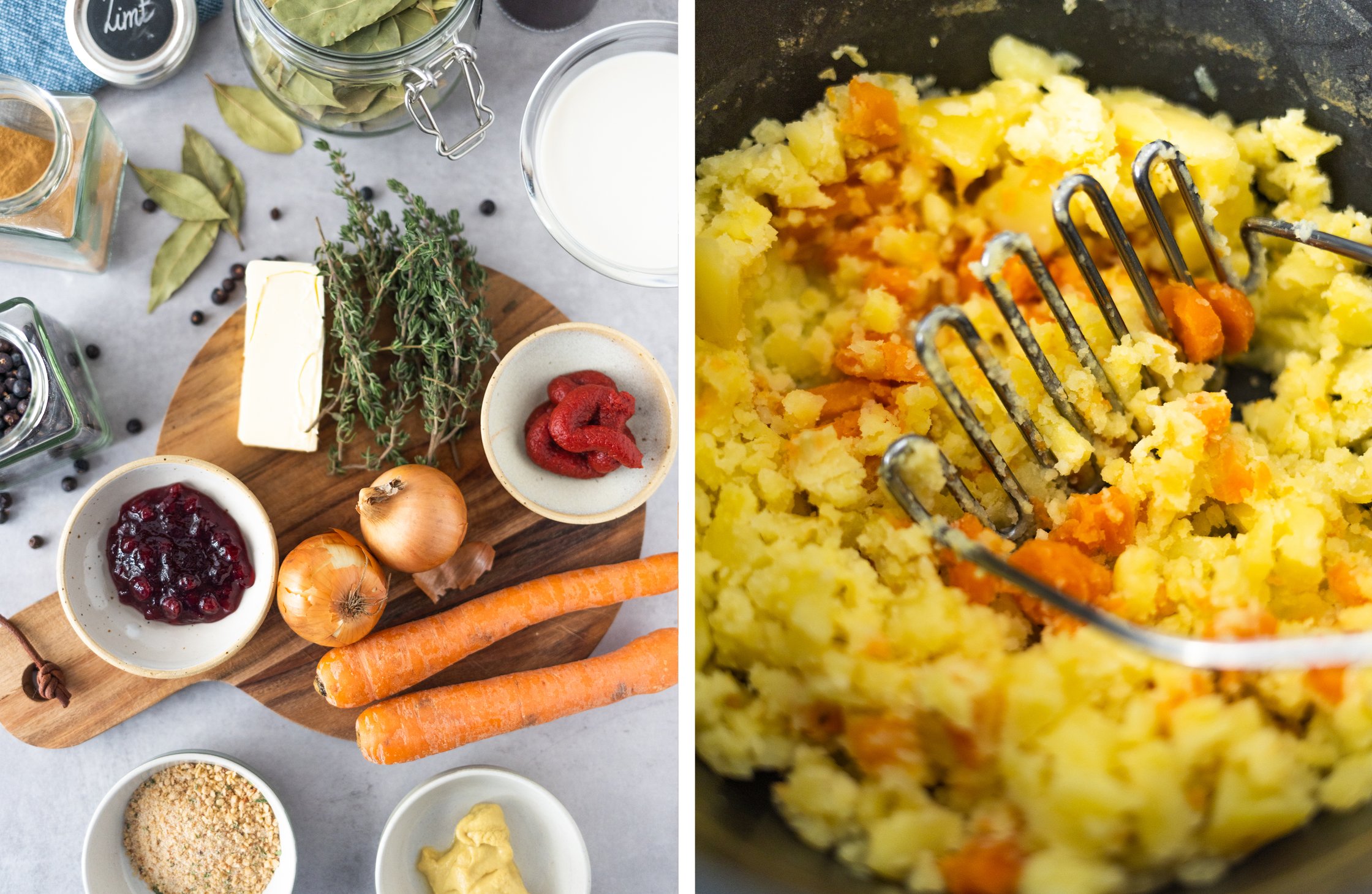 left: Ingredients for vegan gravy
right: potato-carrot puree