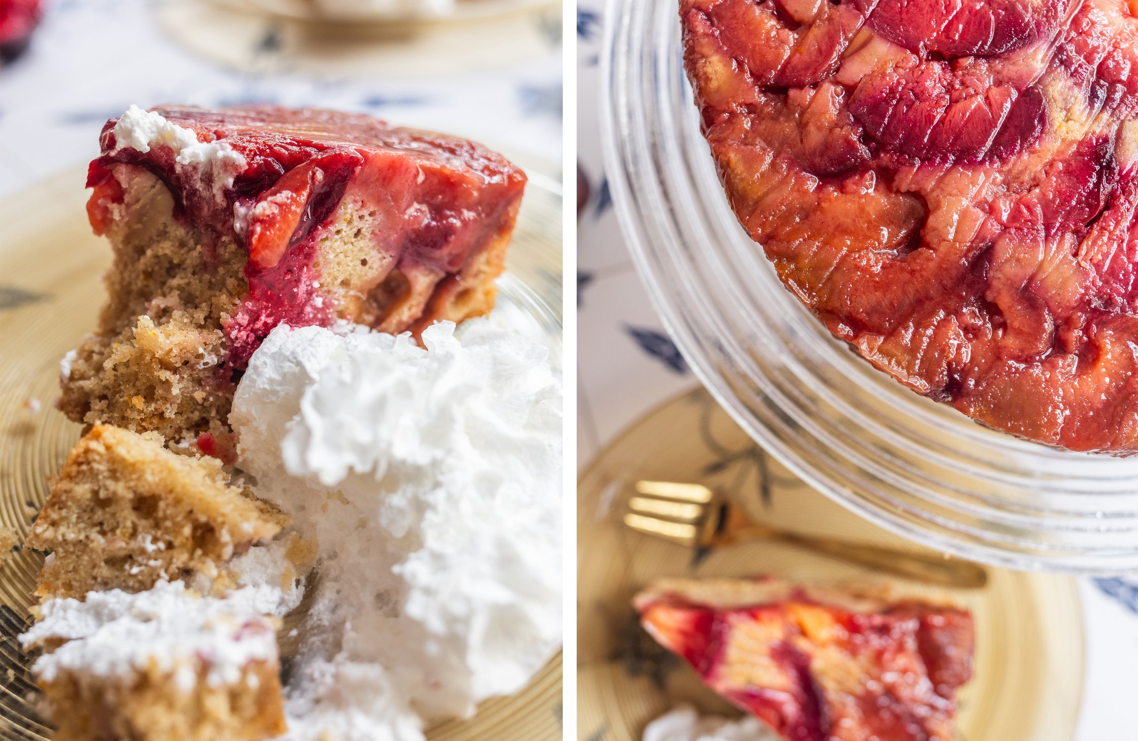 The sliced cake is served with cream.