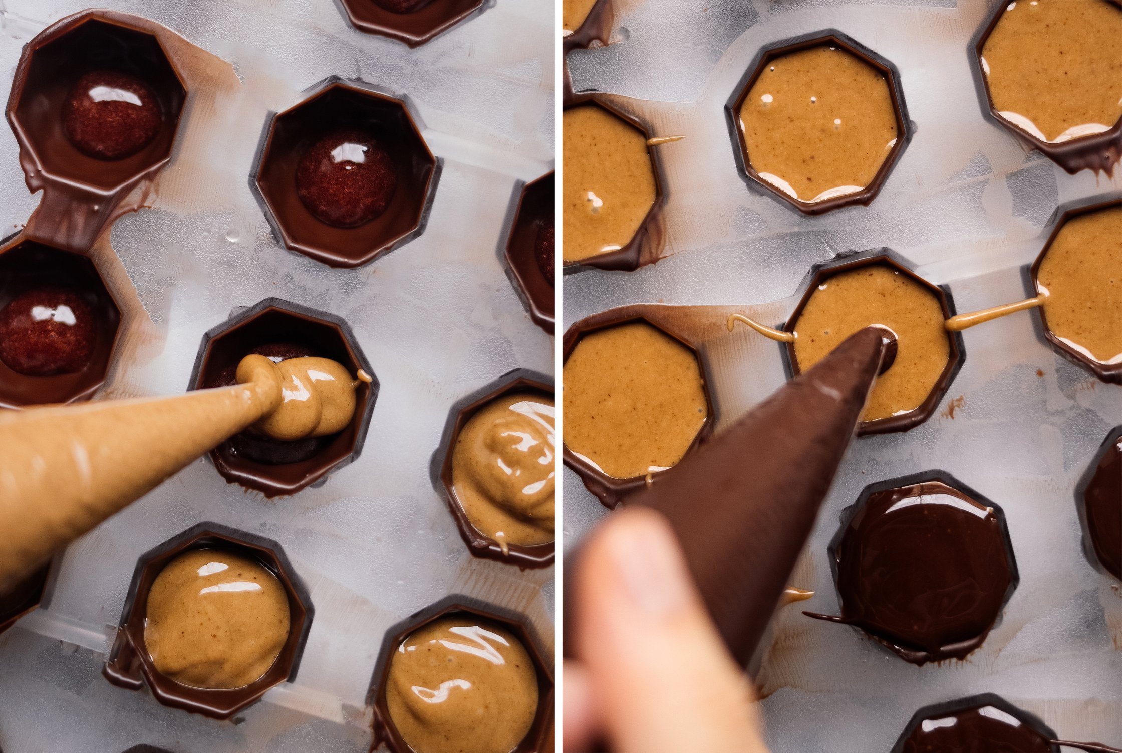 filling vegan chocolates with almond cream