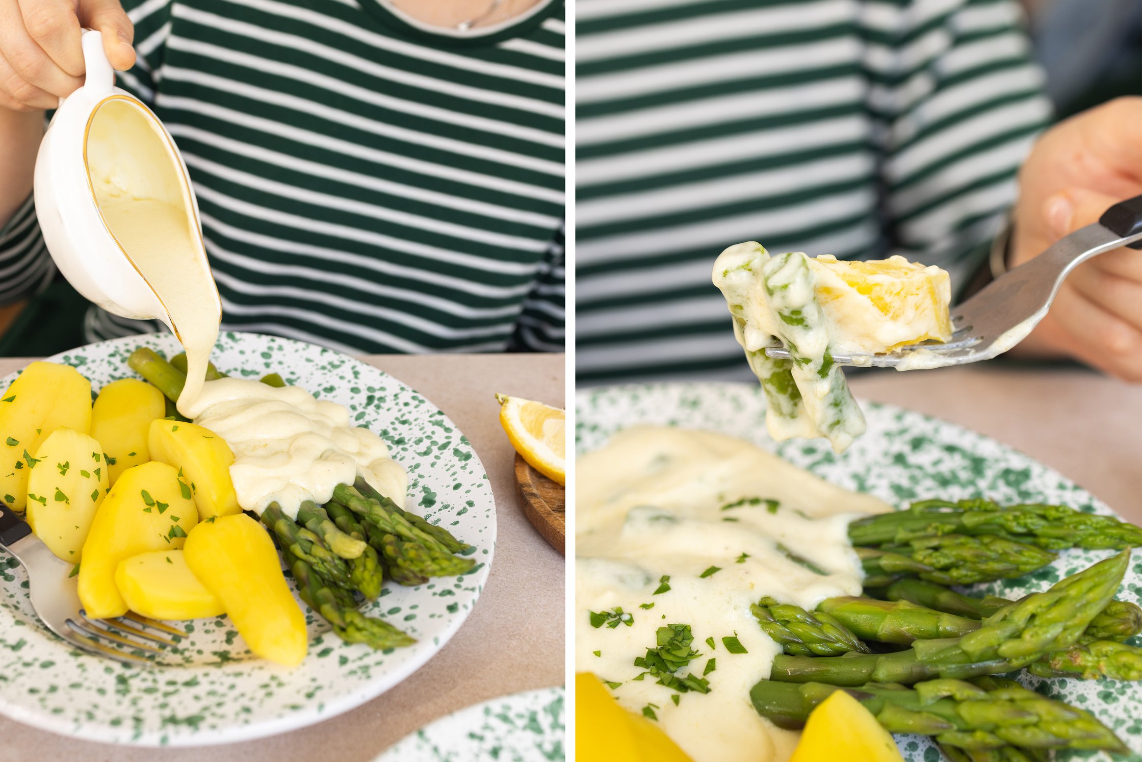 vegane Sauce Hollandaise wird über grünen Spargel gekippt
