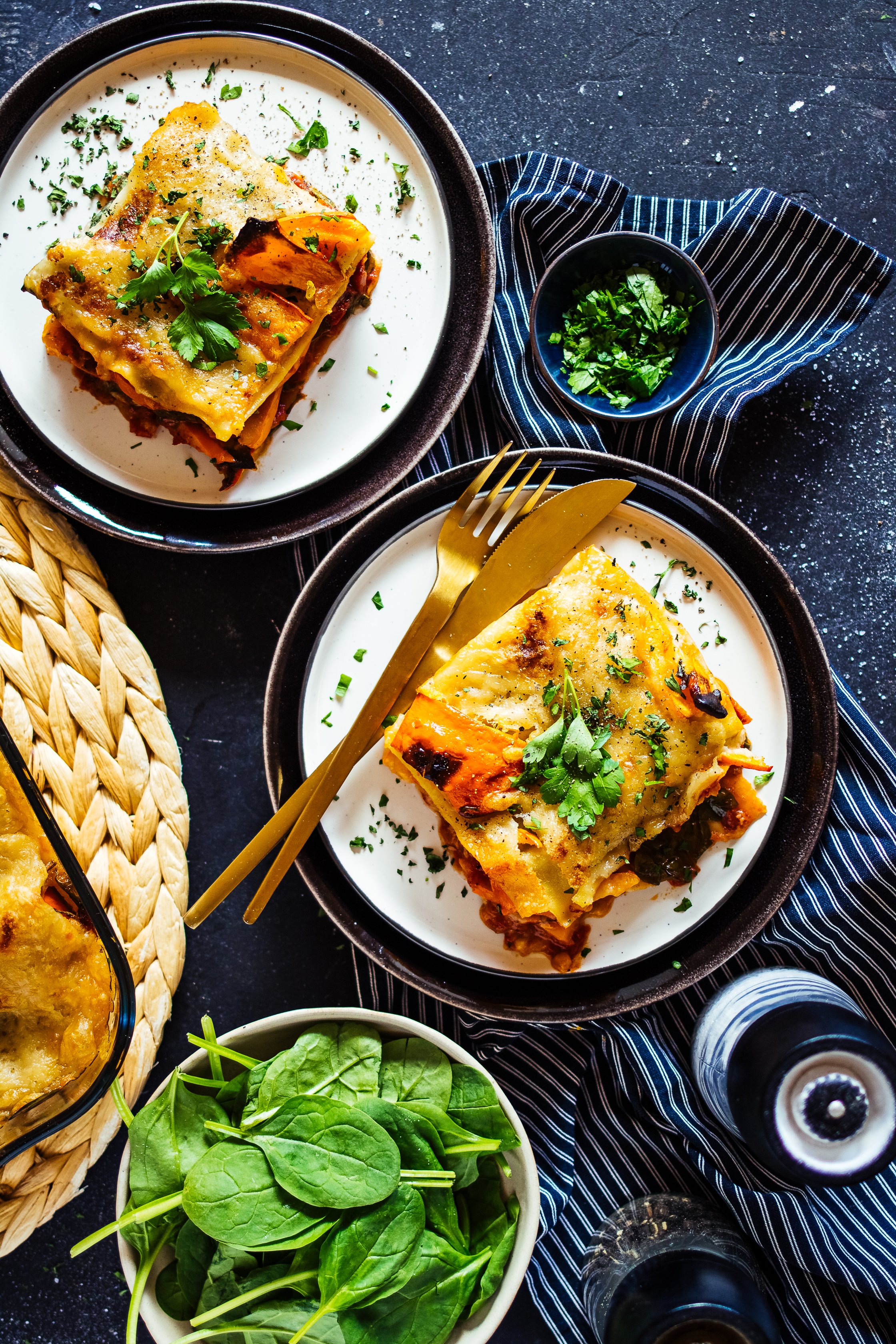 vegane Kürbislasagne mit Spinat