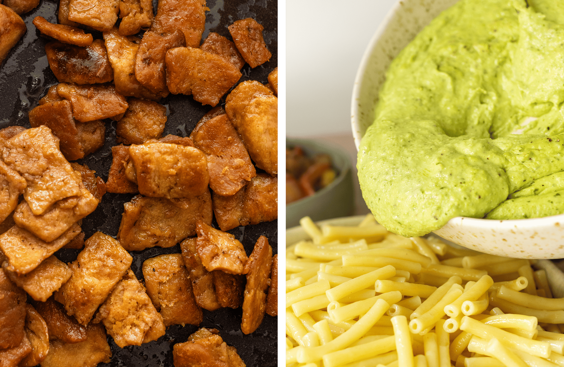 Vegan bacon is frying in the pan, and a green, vegan Mac ’n’ Cheese sauce is being poured over macaroni noodles.