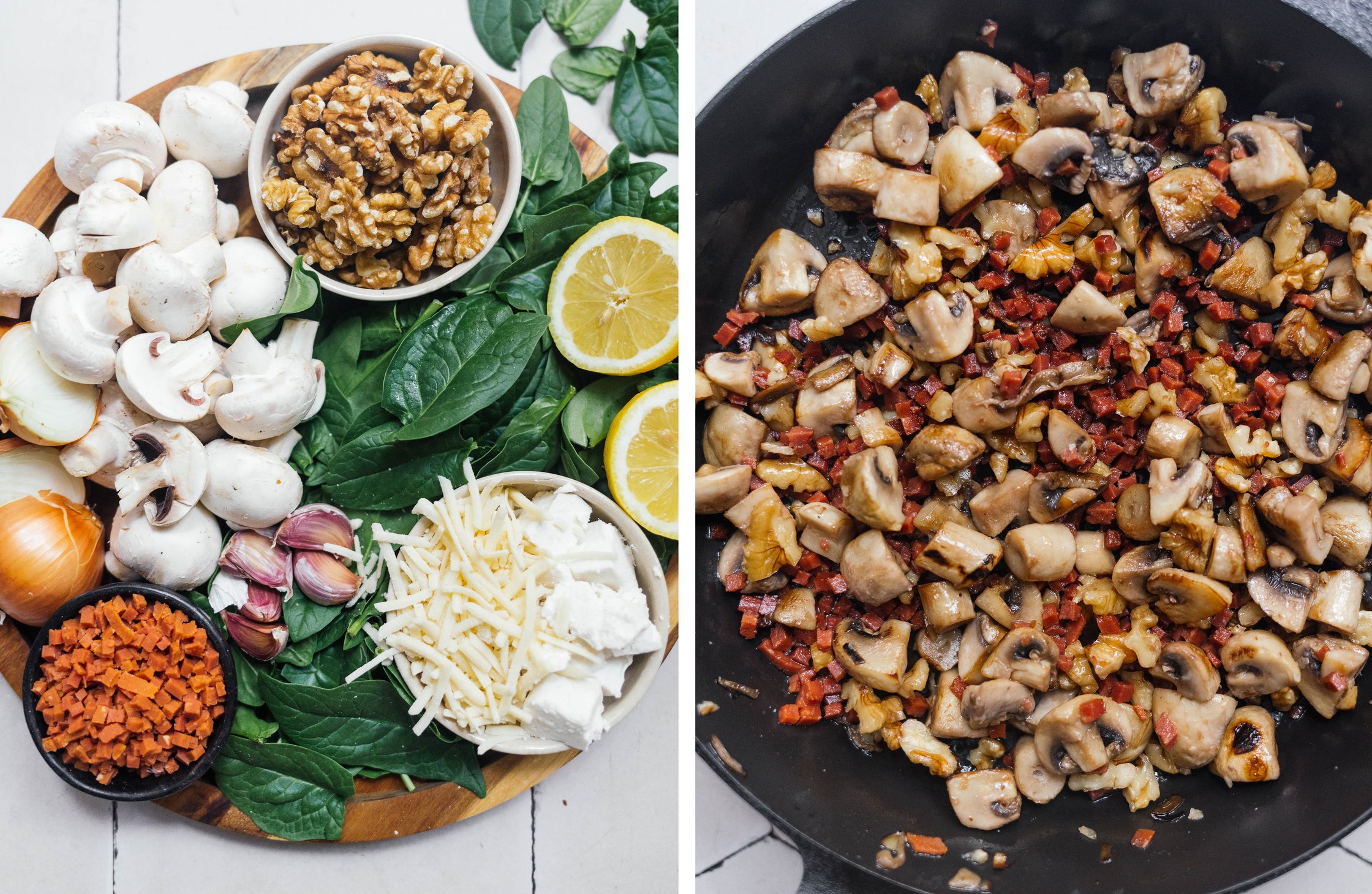 ingredients for vegan spinach lasagna; mushrooms, vegan bacon and walnuts sautéed in a pan