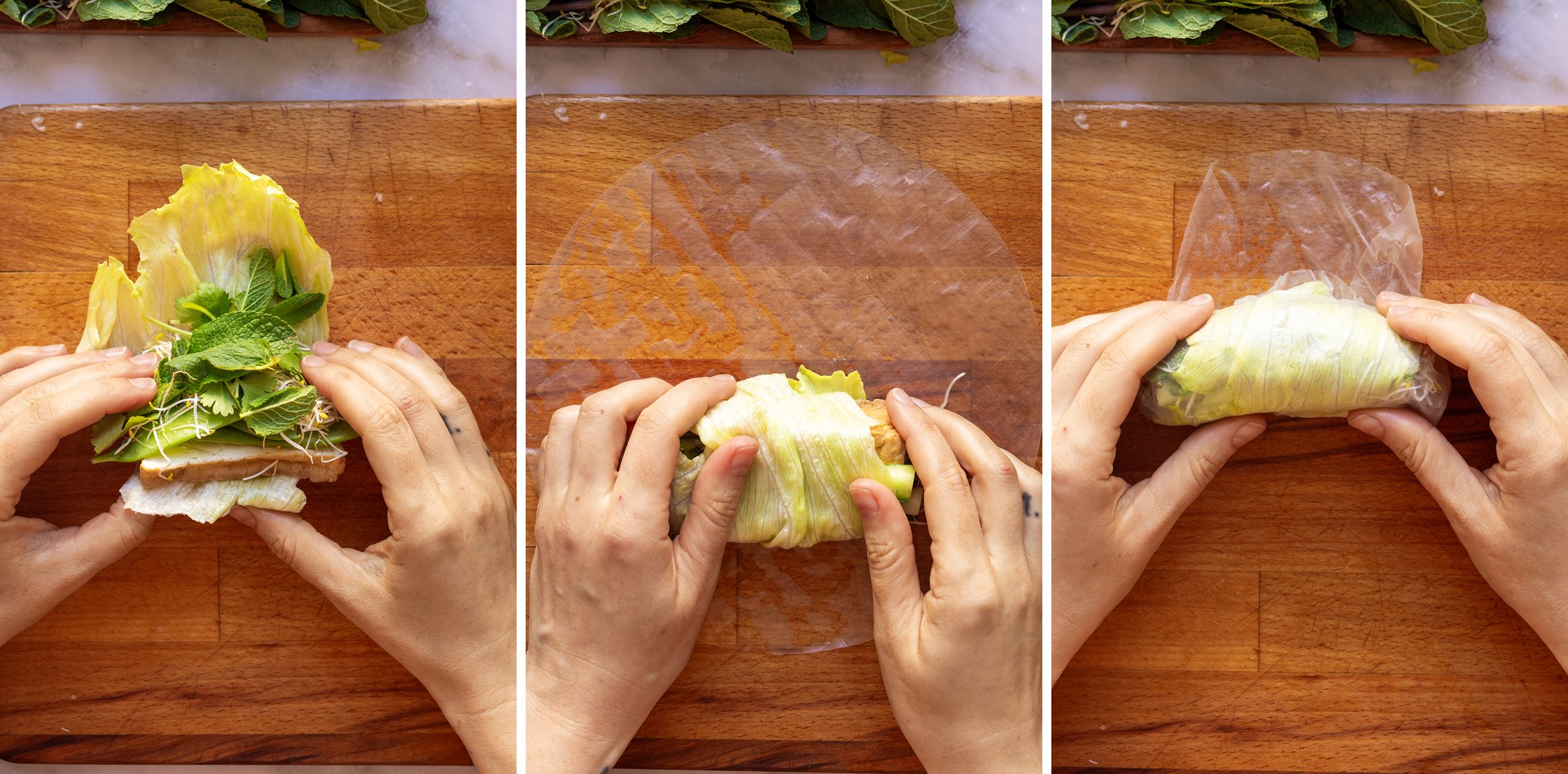 Three photos show the various steps involved in wrapping a summer roll in rice paper and a leaf of iceberg lettuce.