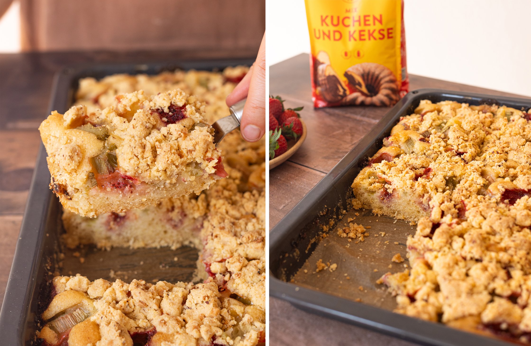 Zweigeteiltes Bild - Links: Kuchenstück wird vom Blech gehoben. Rechts: Kuchenblech mit angeschnittenen Stücken.