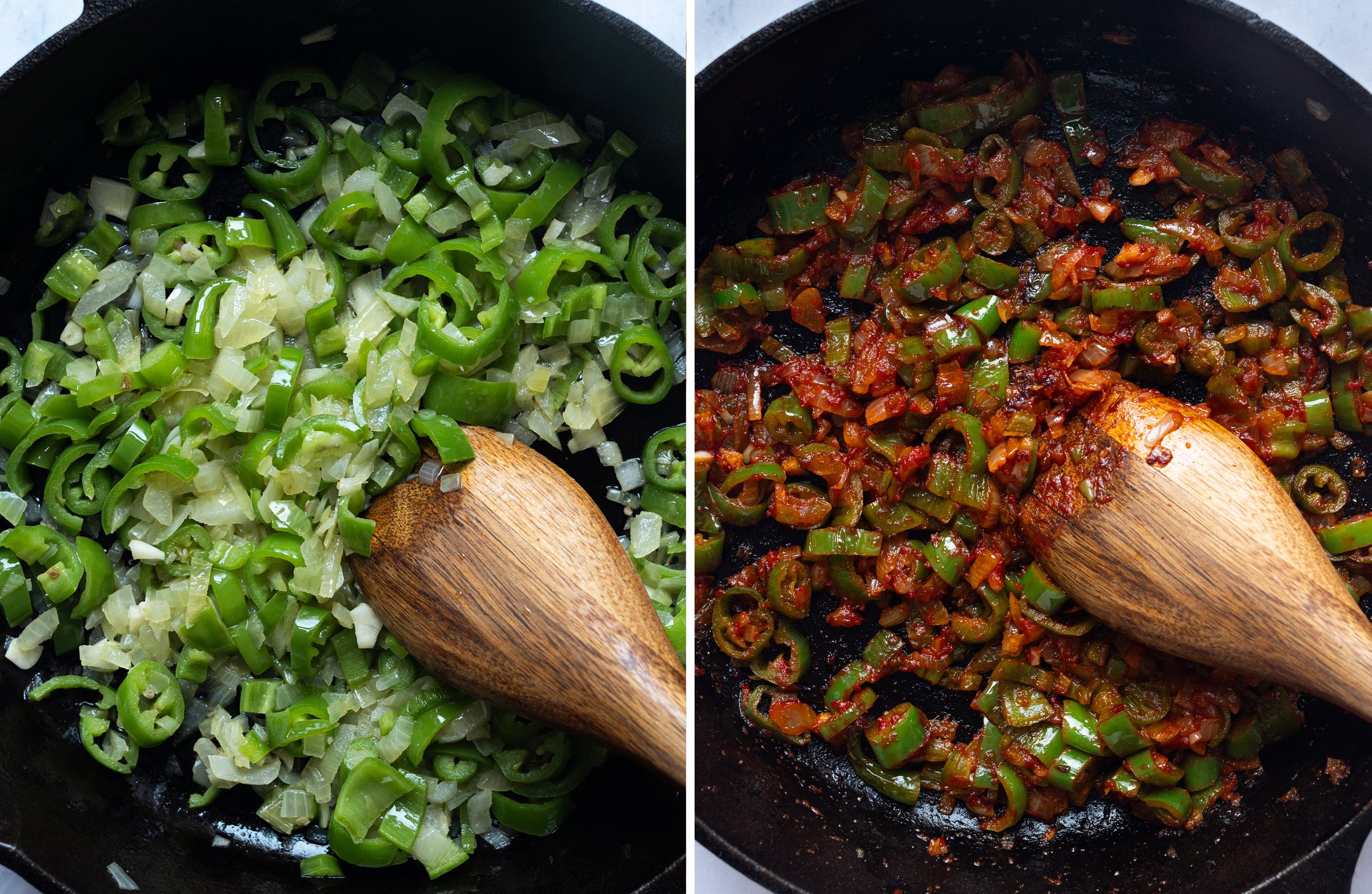 Link angebratenes Gemüse in einer Pfanne, rechts mit Tomatenmark angebratenes Gemüse in einer Pfanne.