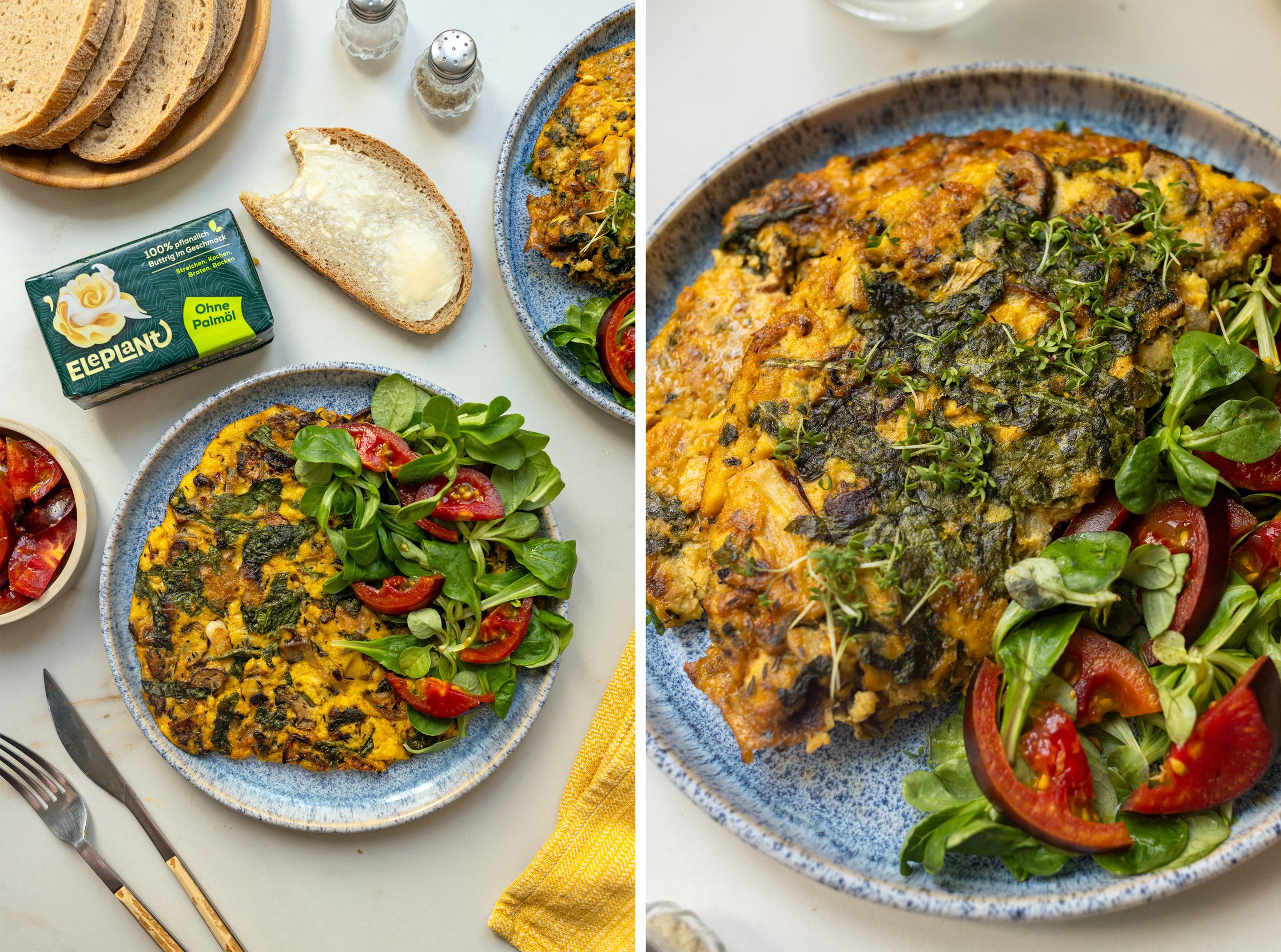 On the left, you can see the plated dish from a slight distance, and on the right is a close-up of the omelet.