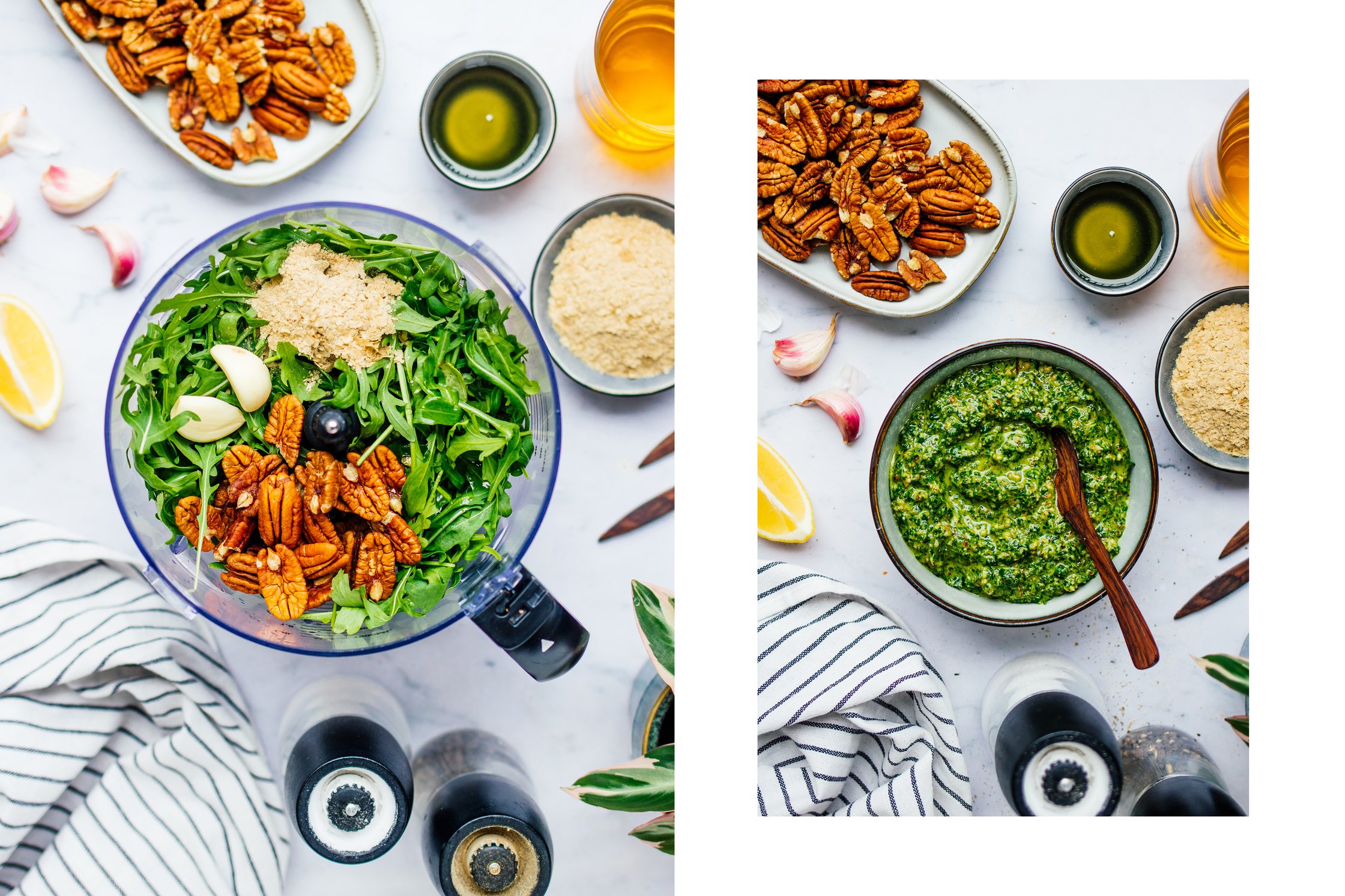 mixing vegan arugula pesto