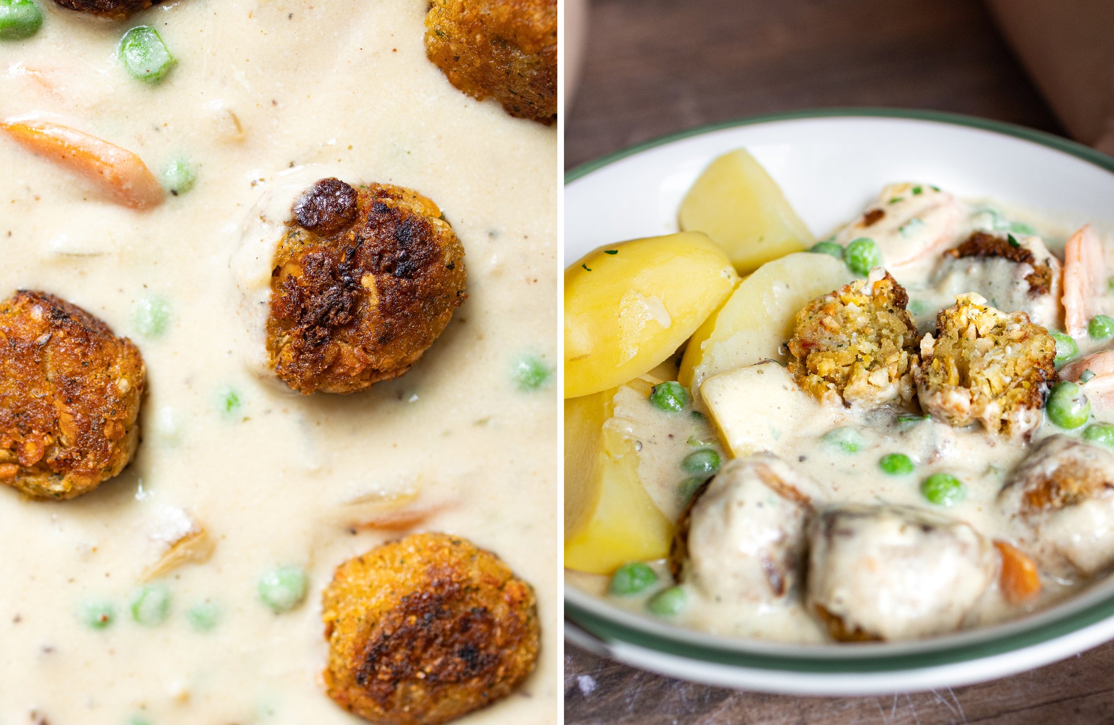 Zweigeteiltes Bild mit einem Close-Up auf den veganen Wikingertopf und dem angerichteten Gericht mit Kartoffeln auf einem Tel