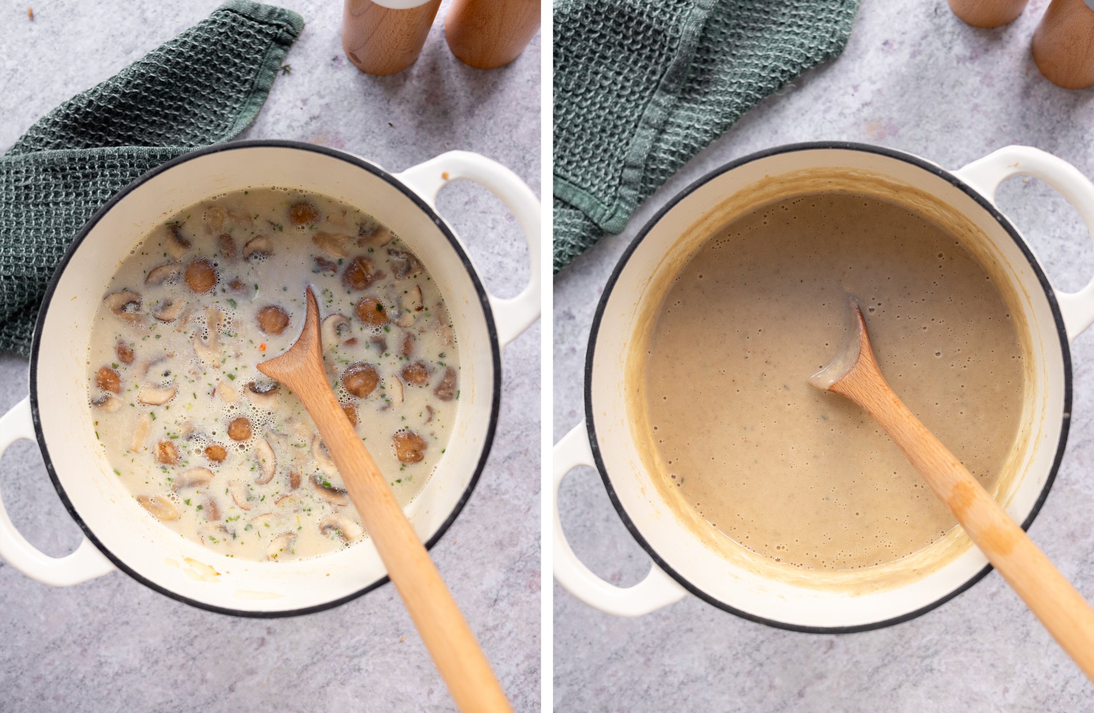 links: maronensuppe nicht püriert
rechts: pürierte vegane maronensuppe