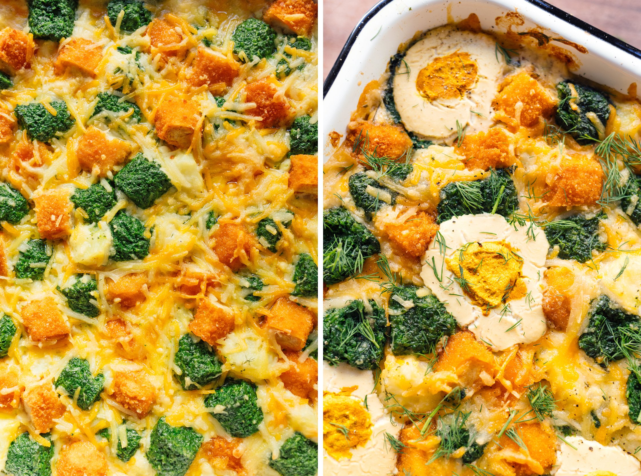 nahaufnahmen von Veganem Kartoffel-Spinat-Fischstäbchen-Auflauf mit „Ei“