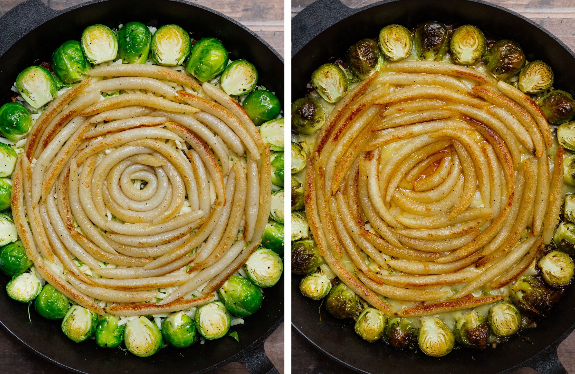 vegan potato dumpling casserole with brussels sprouts & "minced meat" before and after baking