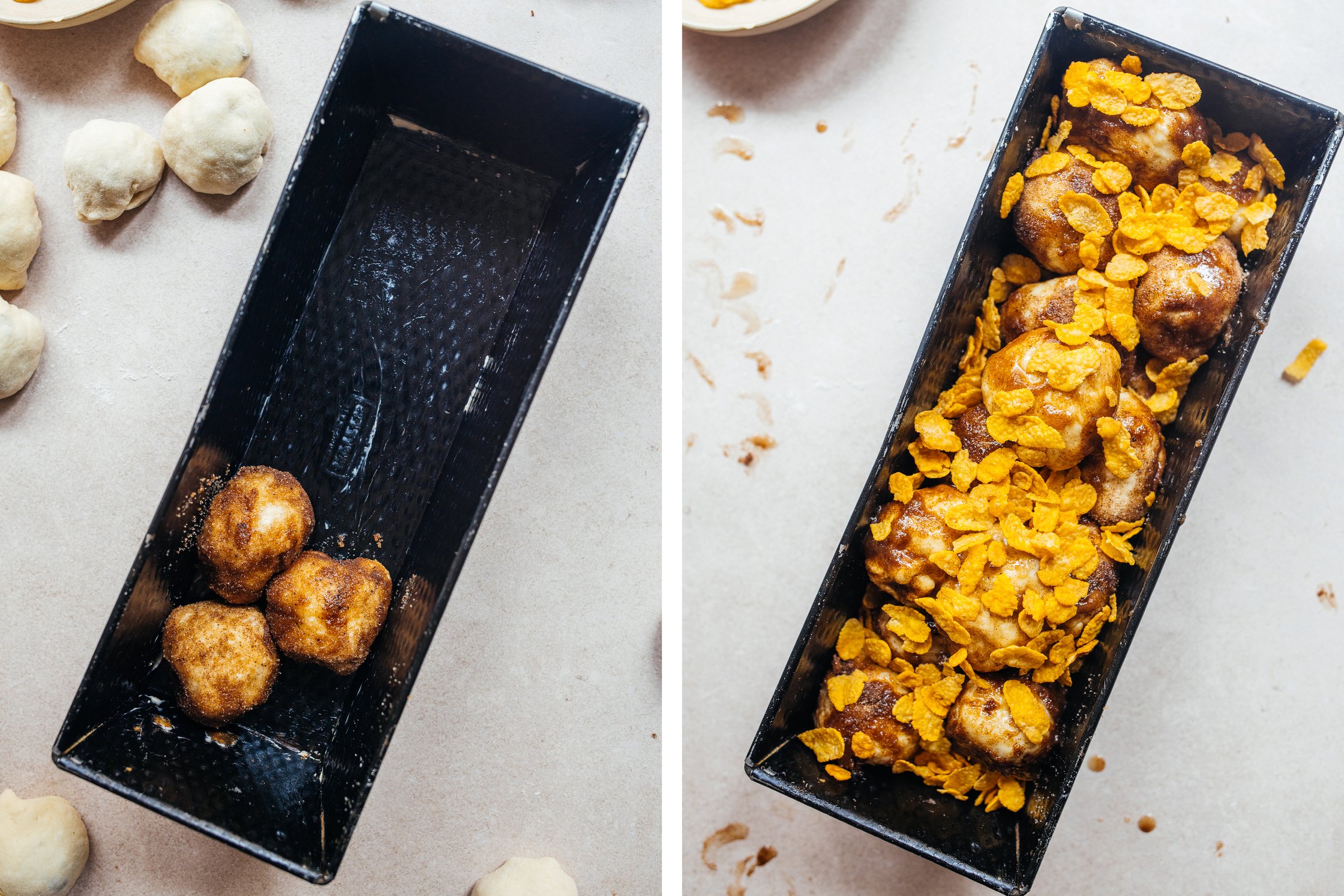 veganes Monkeybread wird in eine Kastenform gefüllt