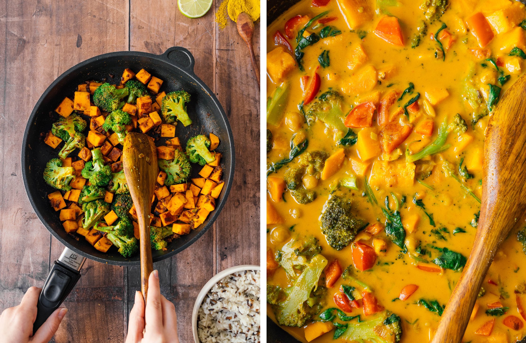 preparing yellow vegetable curry in a pan