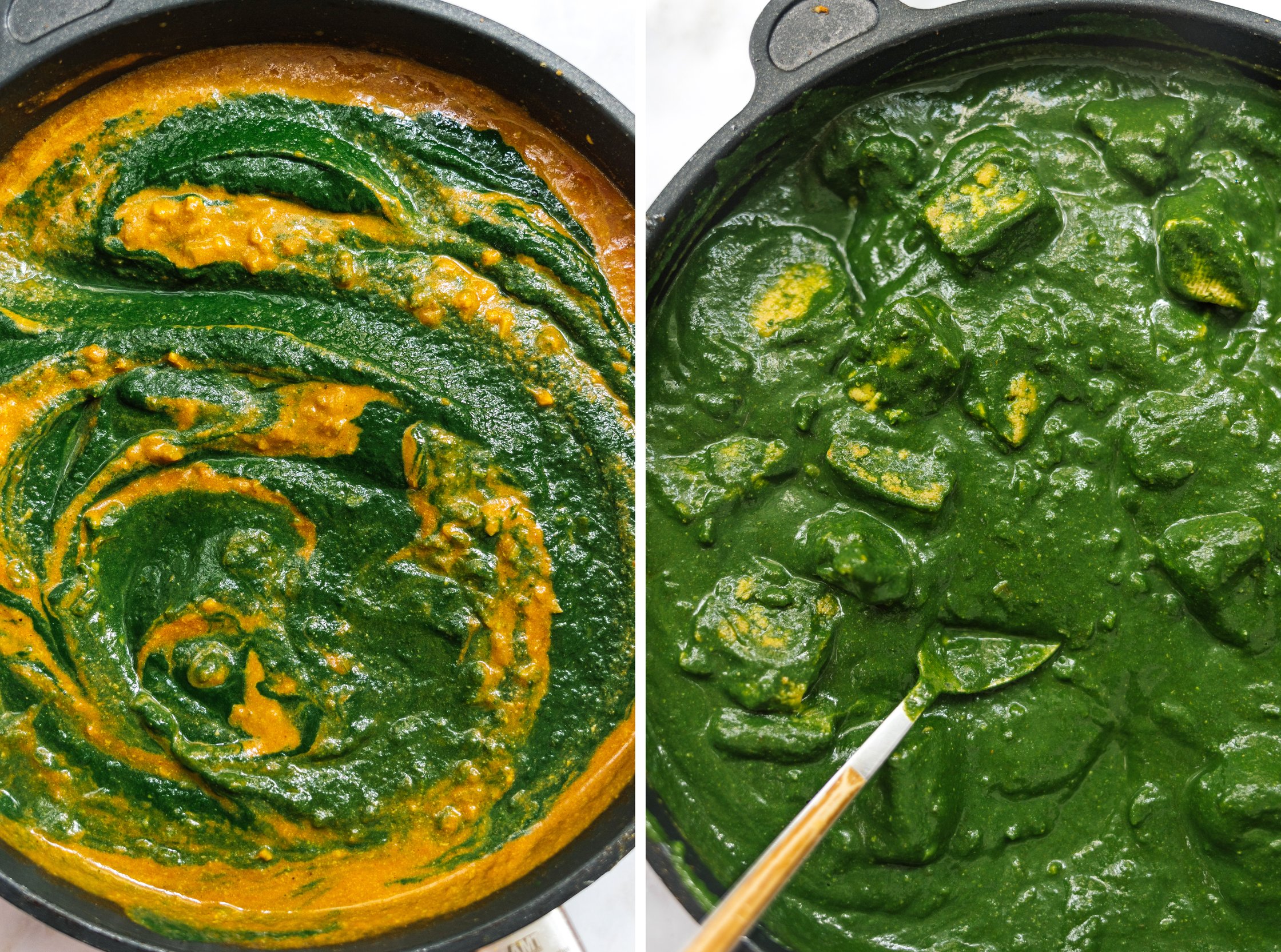 mixing spinach sauce and tomatoes for vegan palak paneer