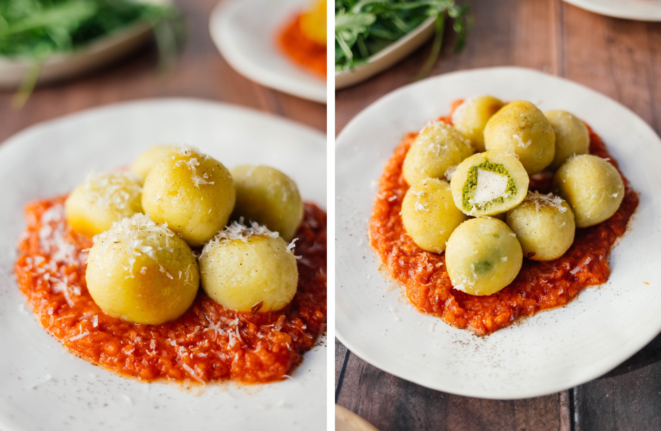 vegan stuffed gnocchi on tomato sauce with vegan parmesan cheese