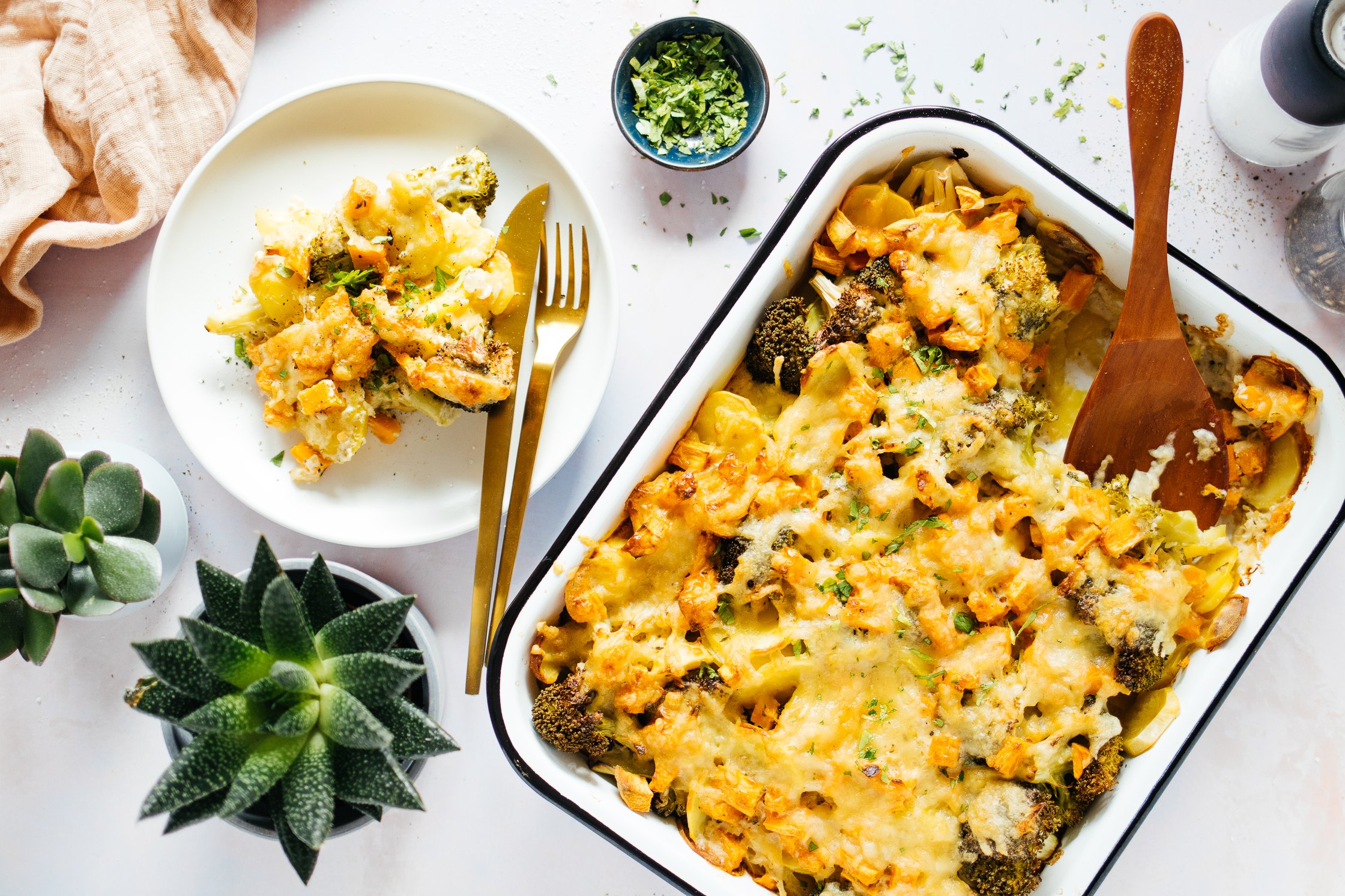 vegan potato broccoli casserole with cream sauce