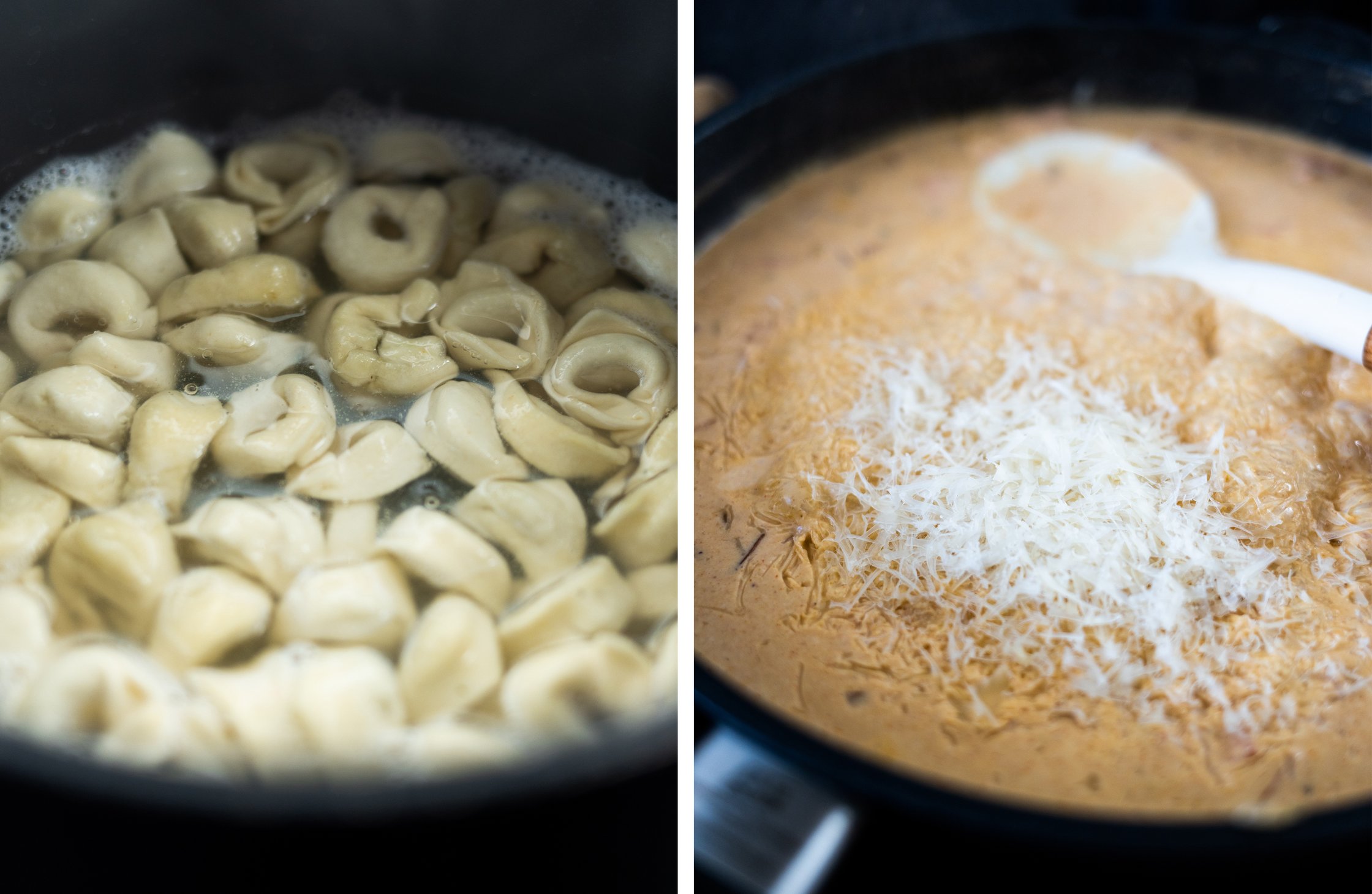 links: Tortellini in einem Topf mit Wasser
rechts: vegane Soße mit Parmesan
