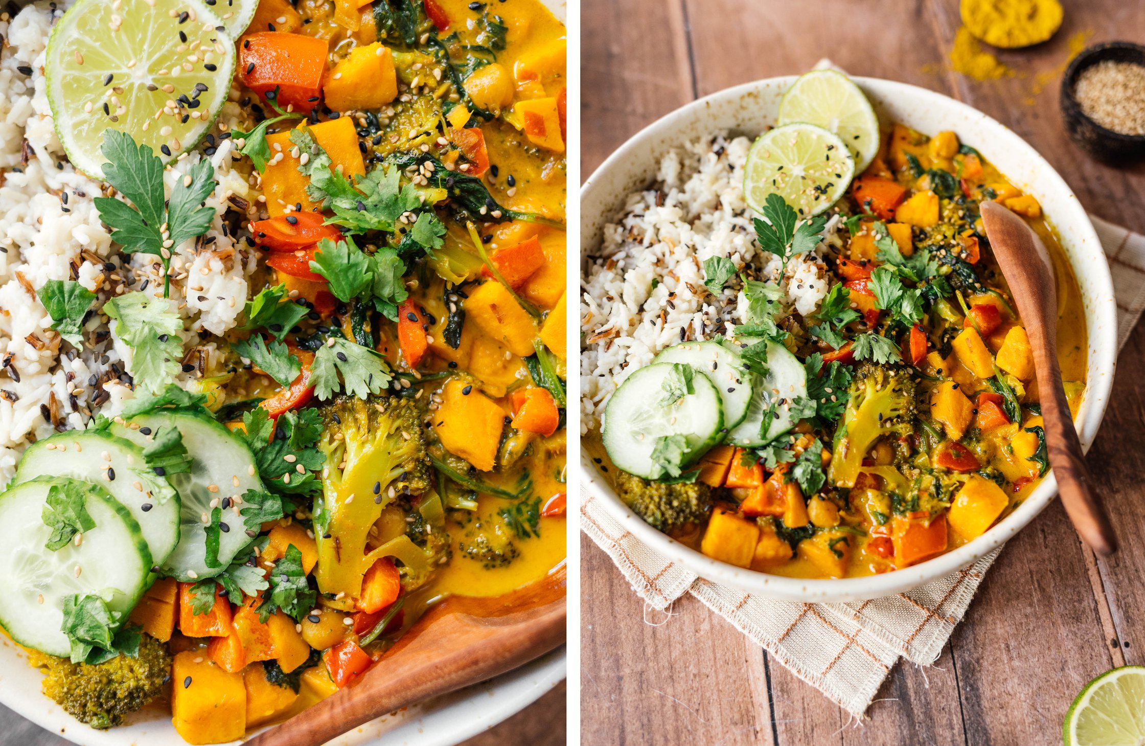 vegan curry with veggies and fresh herbs served in a bowl