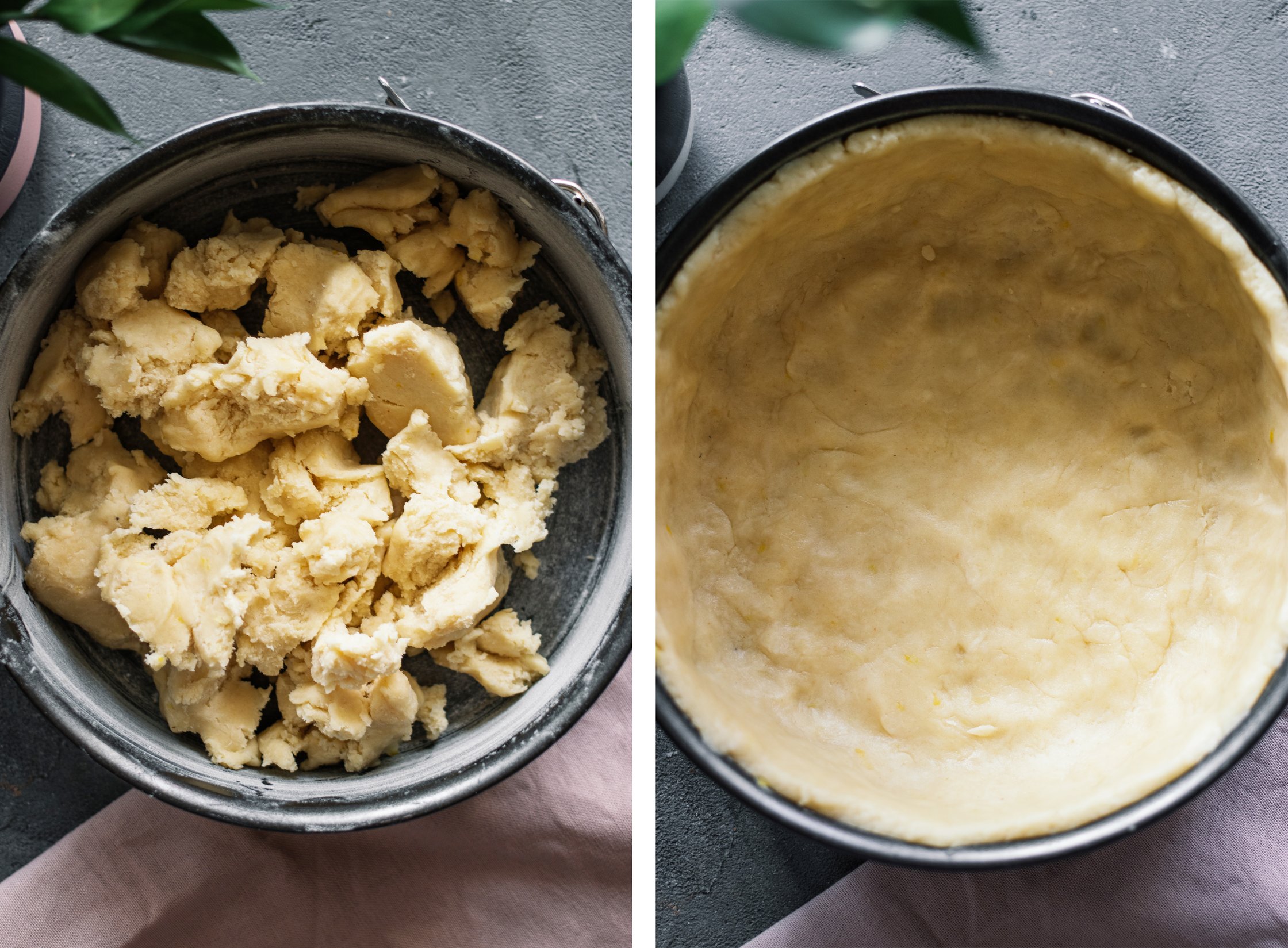 adding dough for the crust to a springform pan for vegan Poppy Seed Cake with Crumble Topping