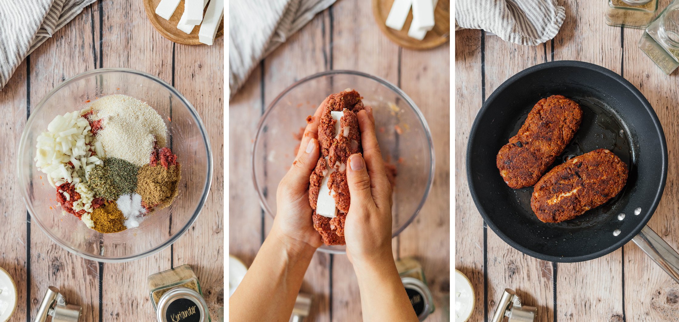 seasoning, shaping and frying vegan bifteki steaks
