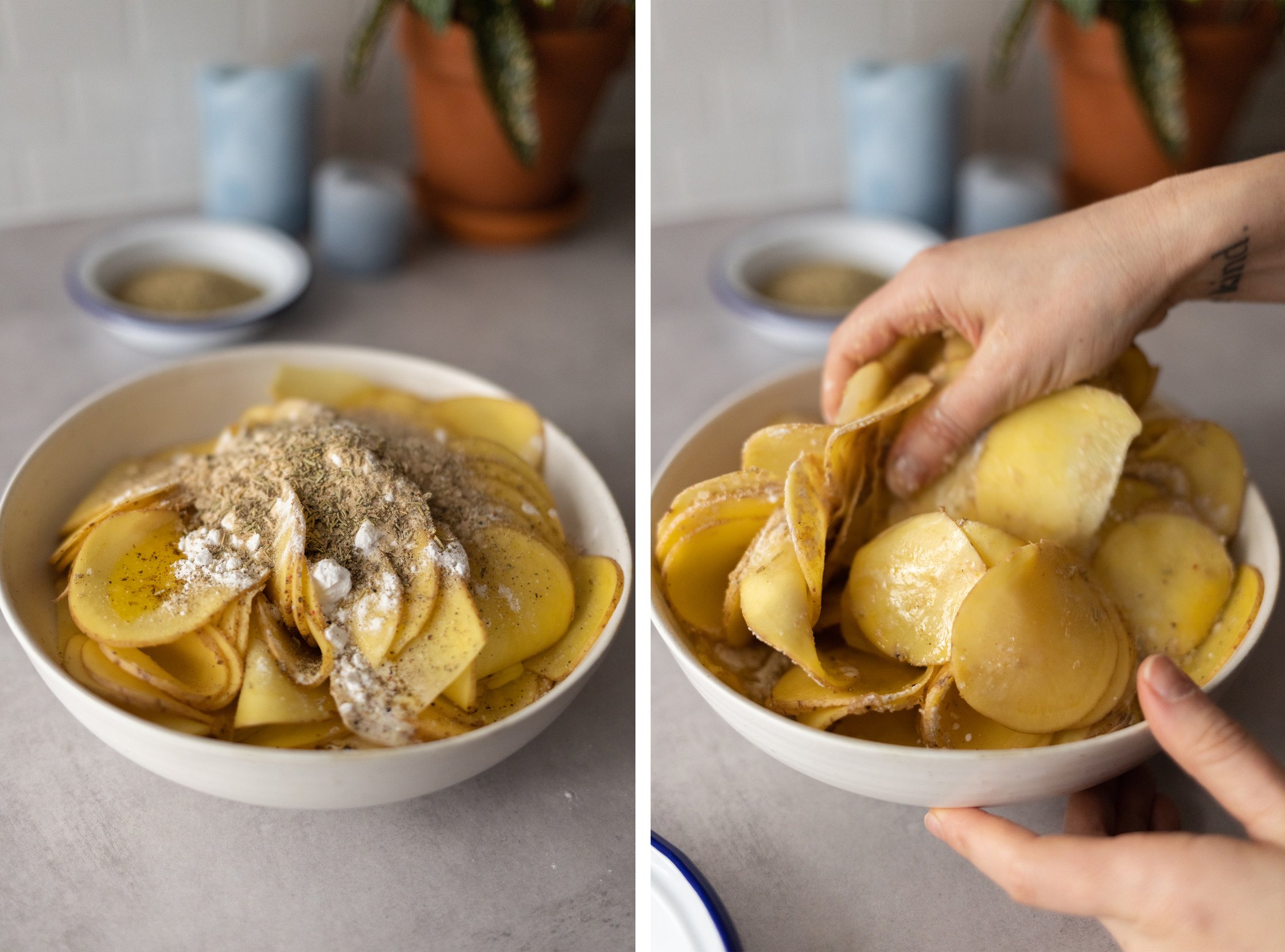 mixing sliced potatoes with other ingredients