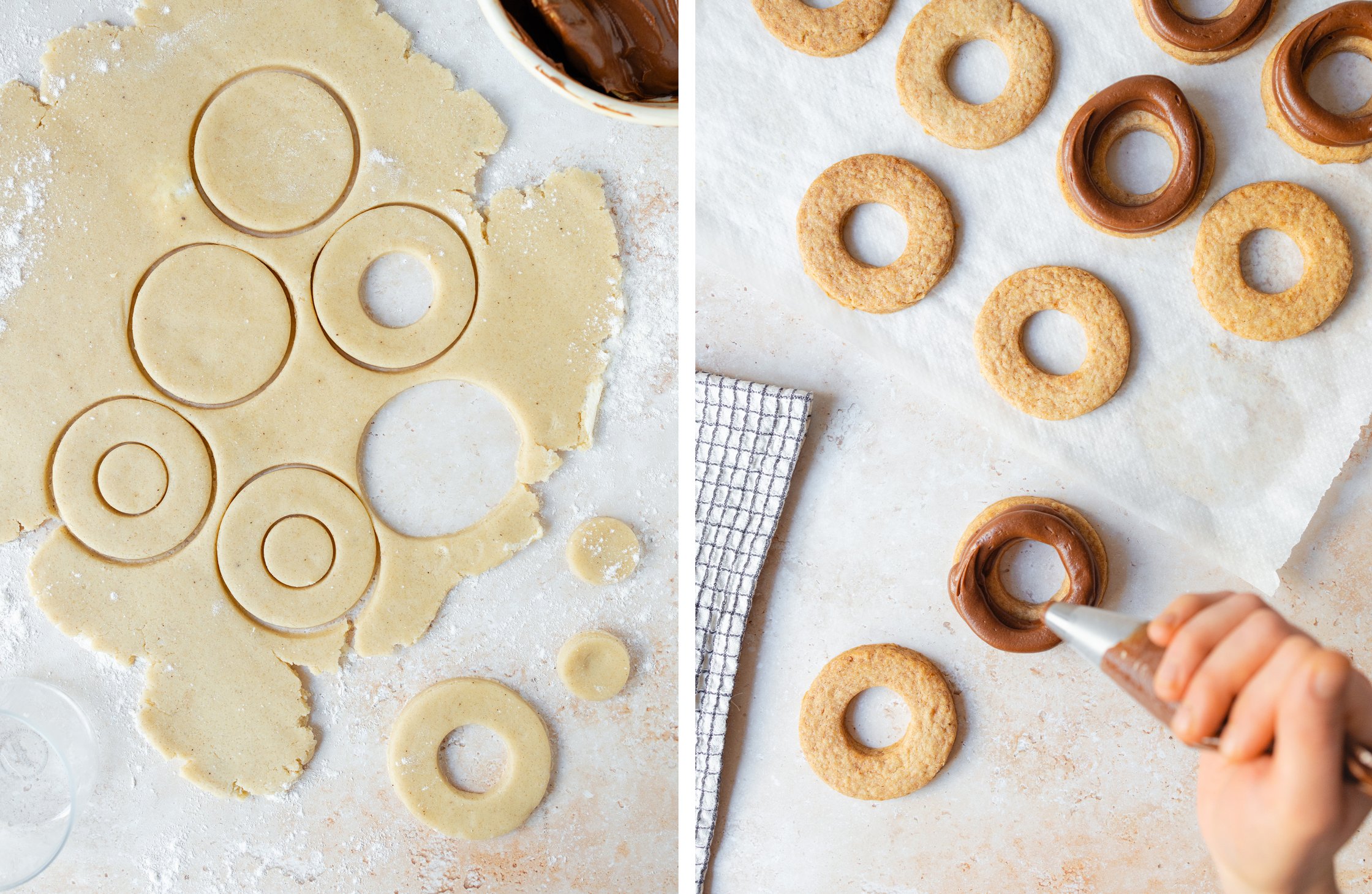 cutting rings out of dough; placing nougat filling on baked rings