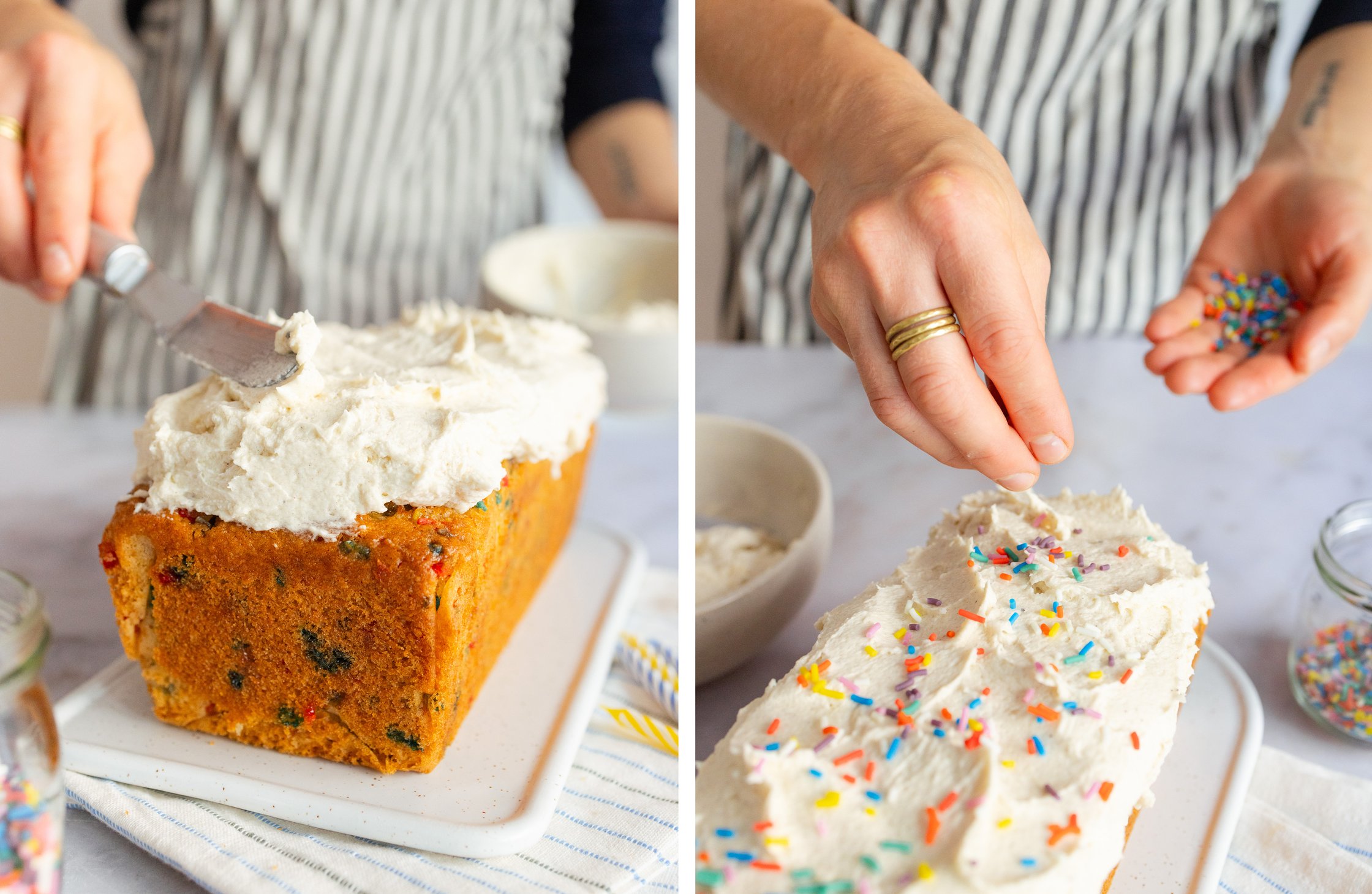 Frosting wird auf den Kuchen gegeben und bunte Streusel werden darauf verteilt