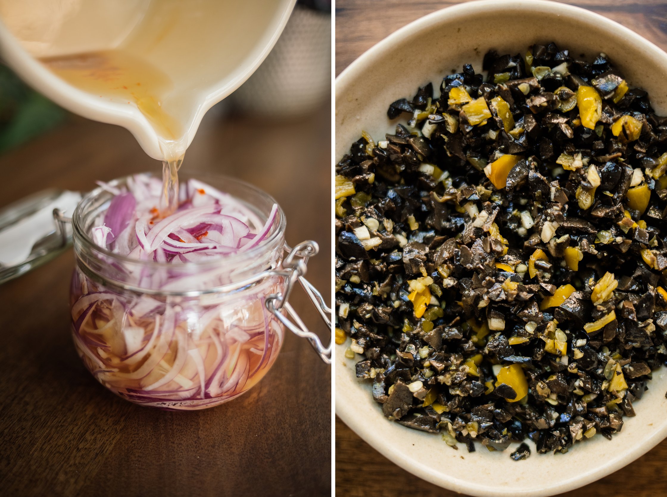 pickled onions and olive salad for vegan muffuletta sandwich