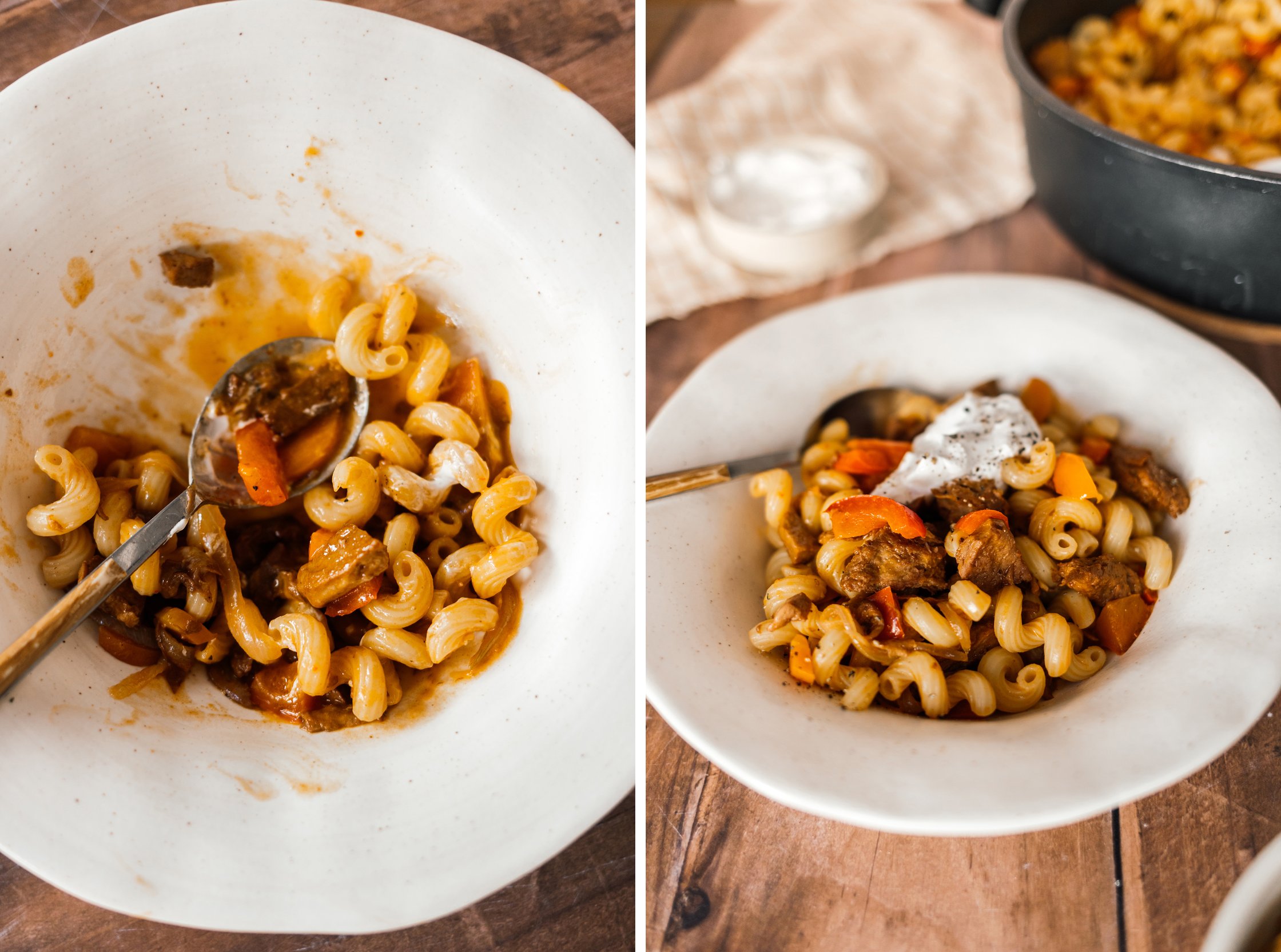 halb aufgegessenes Veganes Paprika-Seitan-Gulasch mit Nudeln